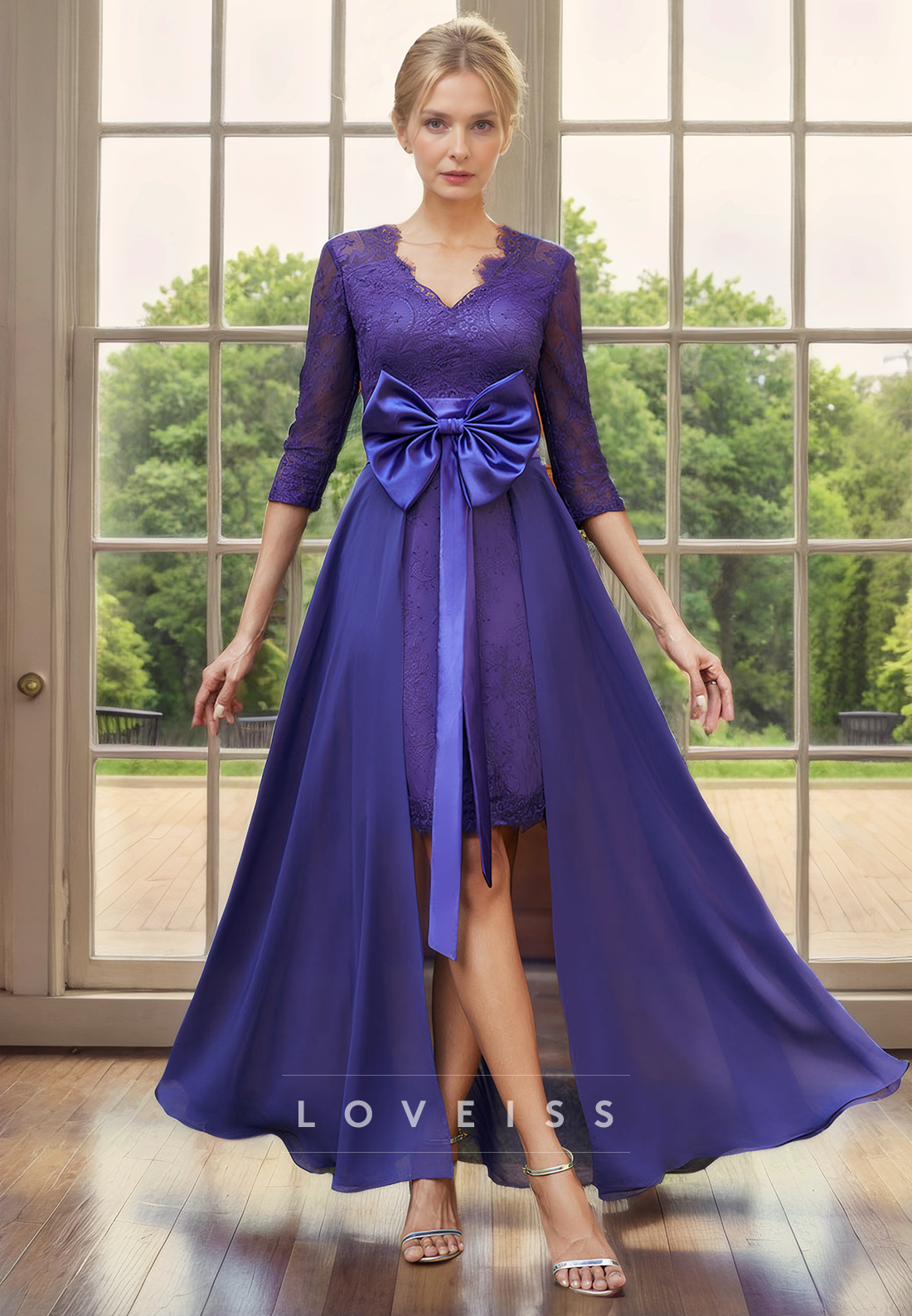 V-Neck Long Sleeves Appliques Chiffon Bowknot Sheath Mother of Bride Dress Cocktail Dress