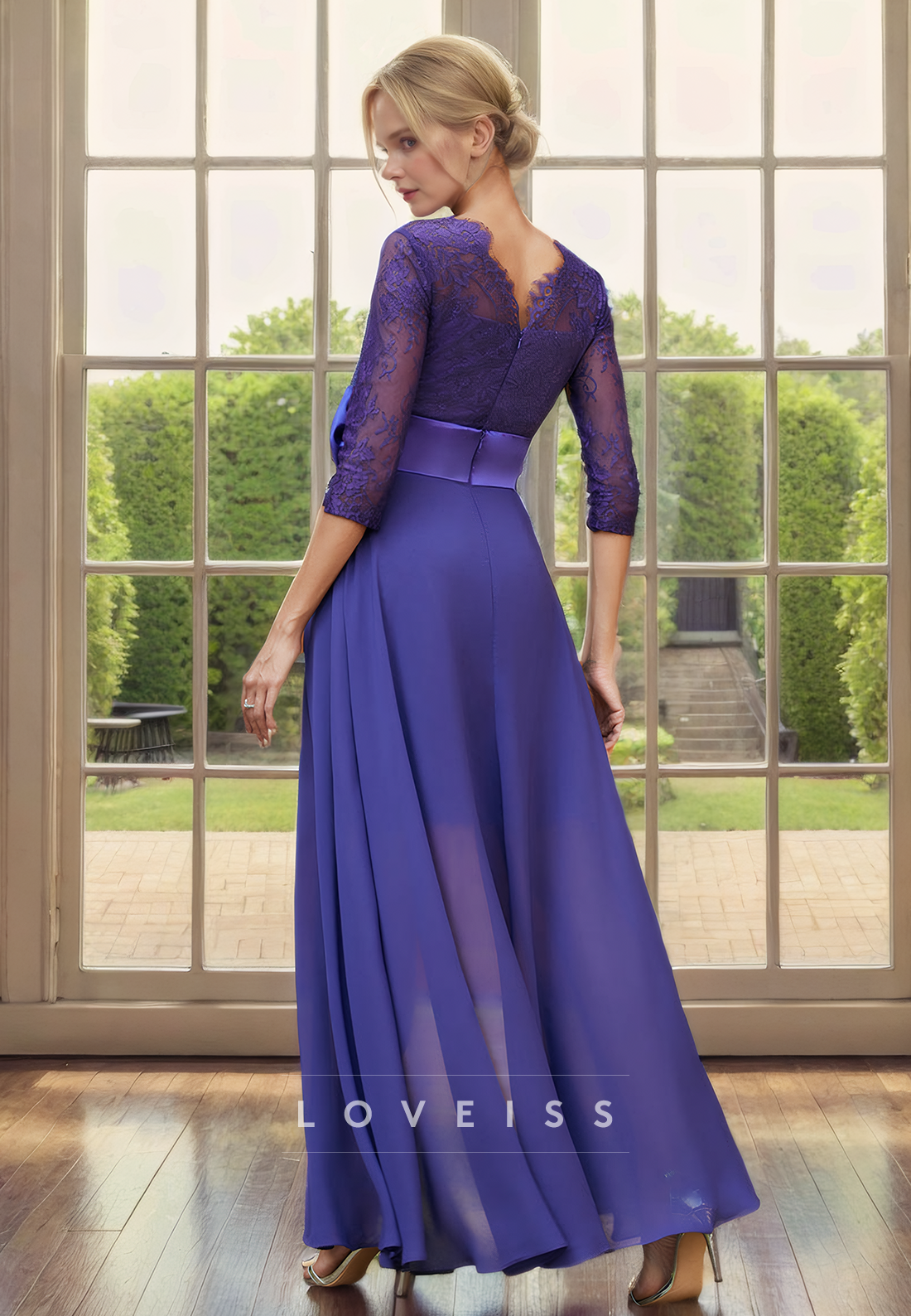 V-Neck Long Sleeves Appliques Chiffon Bowknot Sheath Mother of Bride Dress Cocktail Dress
