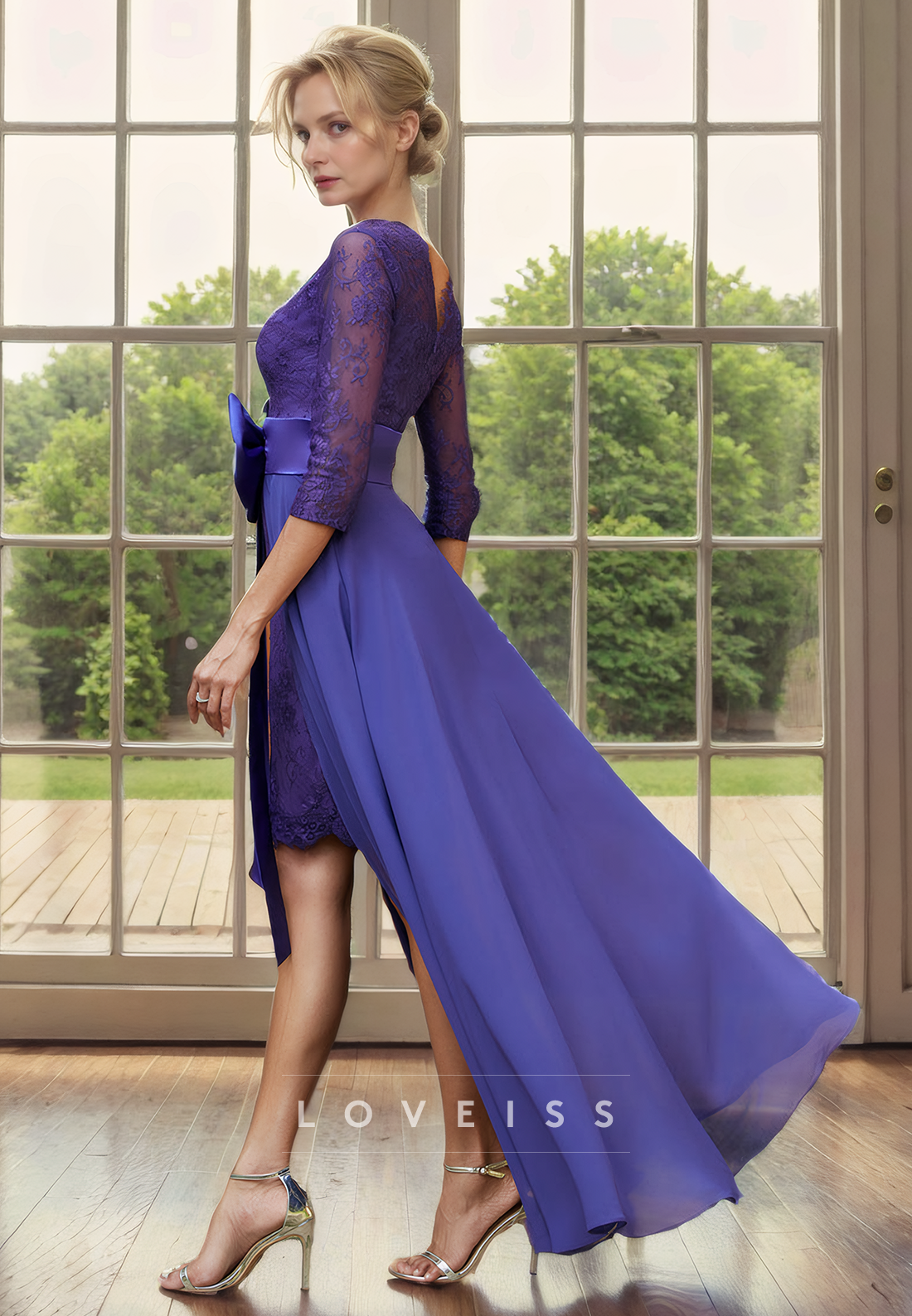 V-Neck Long Sleeves Appliques Chiffon Bowknot Sheath Mother of Bride Dress Cocktail Dress