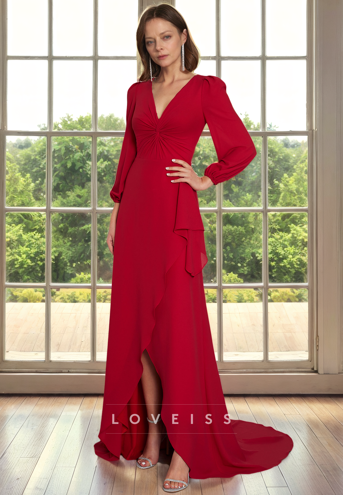 V-Neck Long Sleeves Sleek Mother of Bride Dress