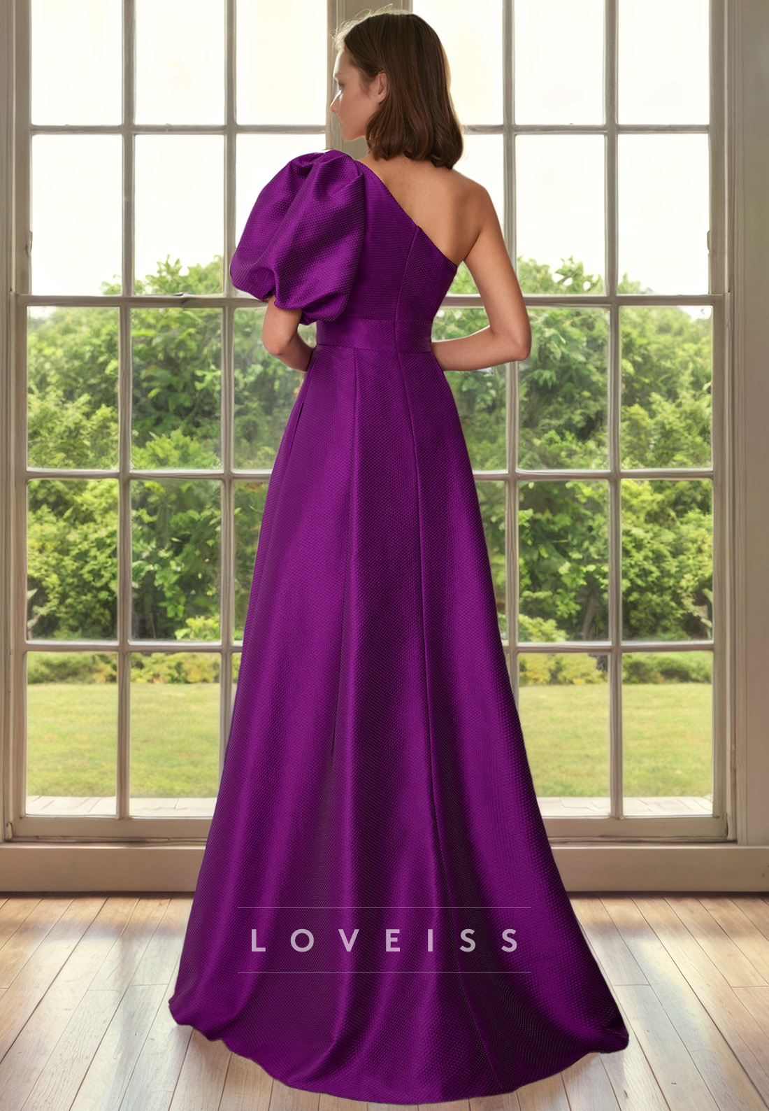 One Shoulder Puff Sleeves Pleated A-Line Mother of Bride Dress