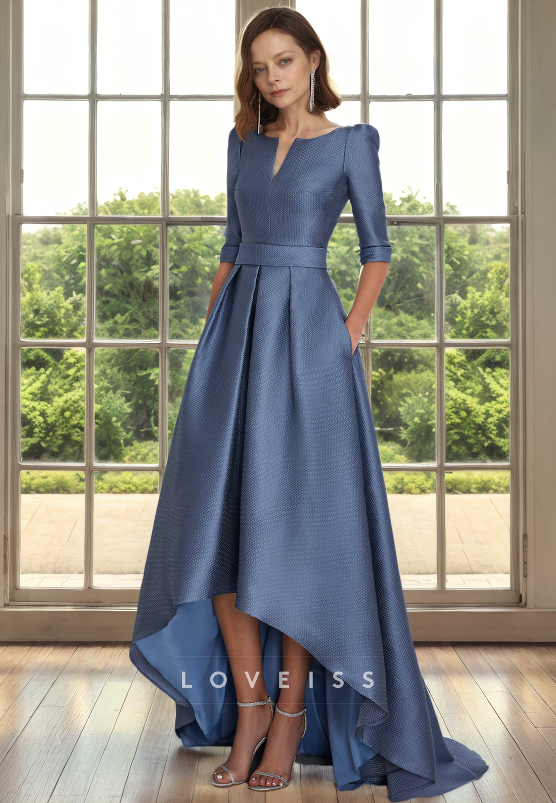V-Neck Half Sleeves Pleated A-Line Mother of Bride Dress