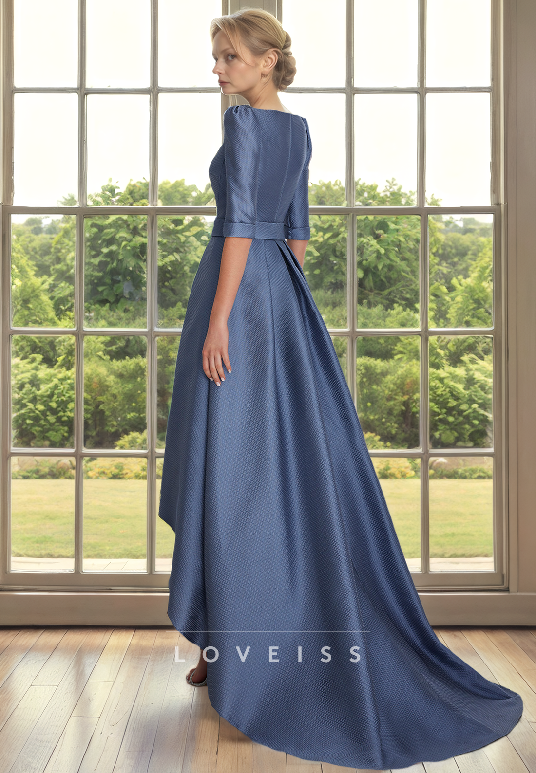 V-Neck Half Sleeves Pleated A-Line Mother of Bride Dress