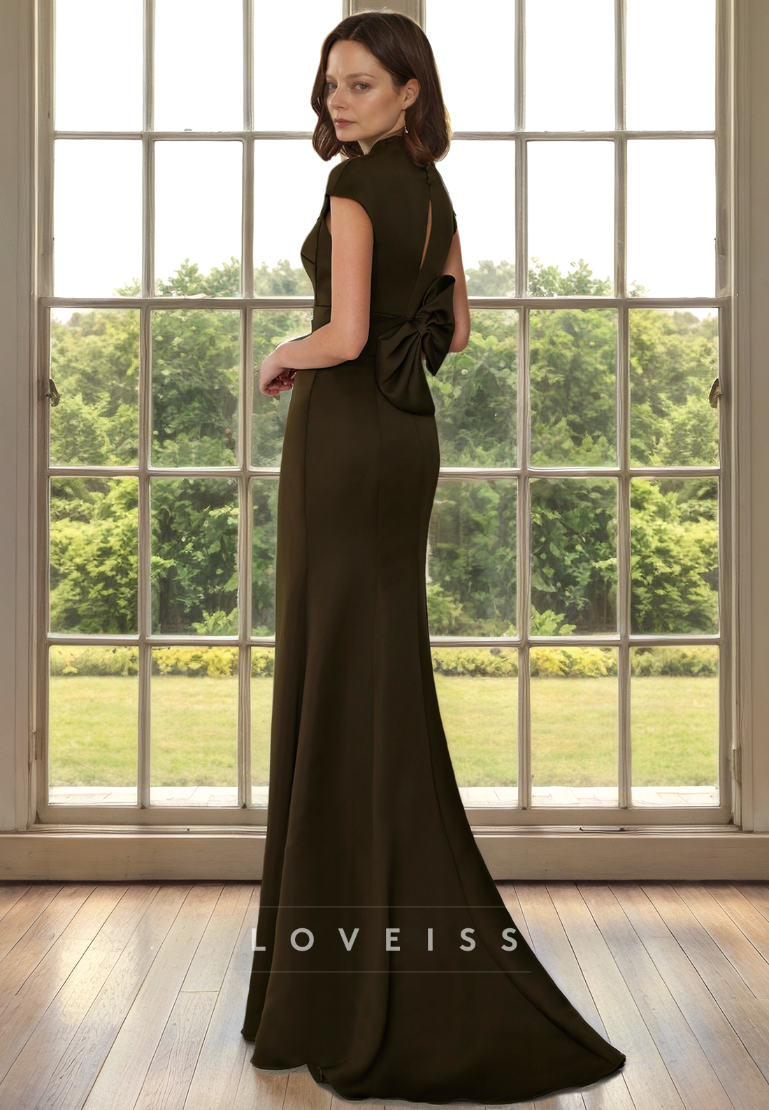 V-Neck Cap Sleeves Sheath Mother of Bride Dress