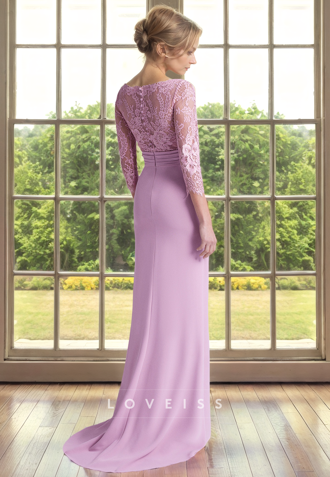 Scoop Long Sleeves Appliques Ruched Sheath Mother of Bride Dress