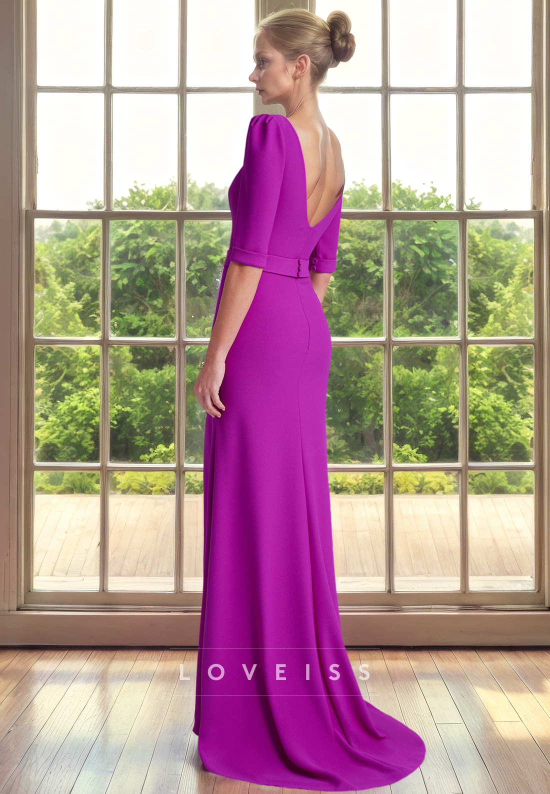 Scoop Half Sleeves Sheath Sleek Satin Mother of Bride Dress