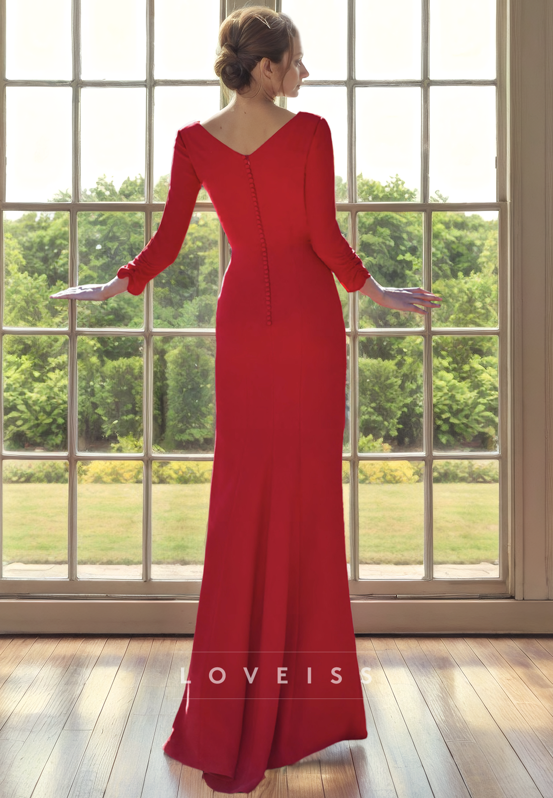 V-Neck Long Sleeves High Slit Long Mermaid Mother of Bride Dress Cocktail Dress