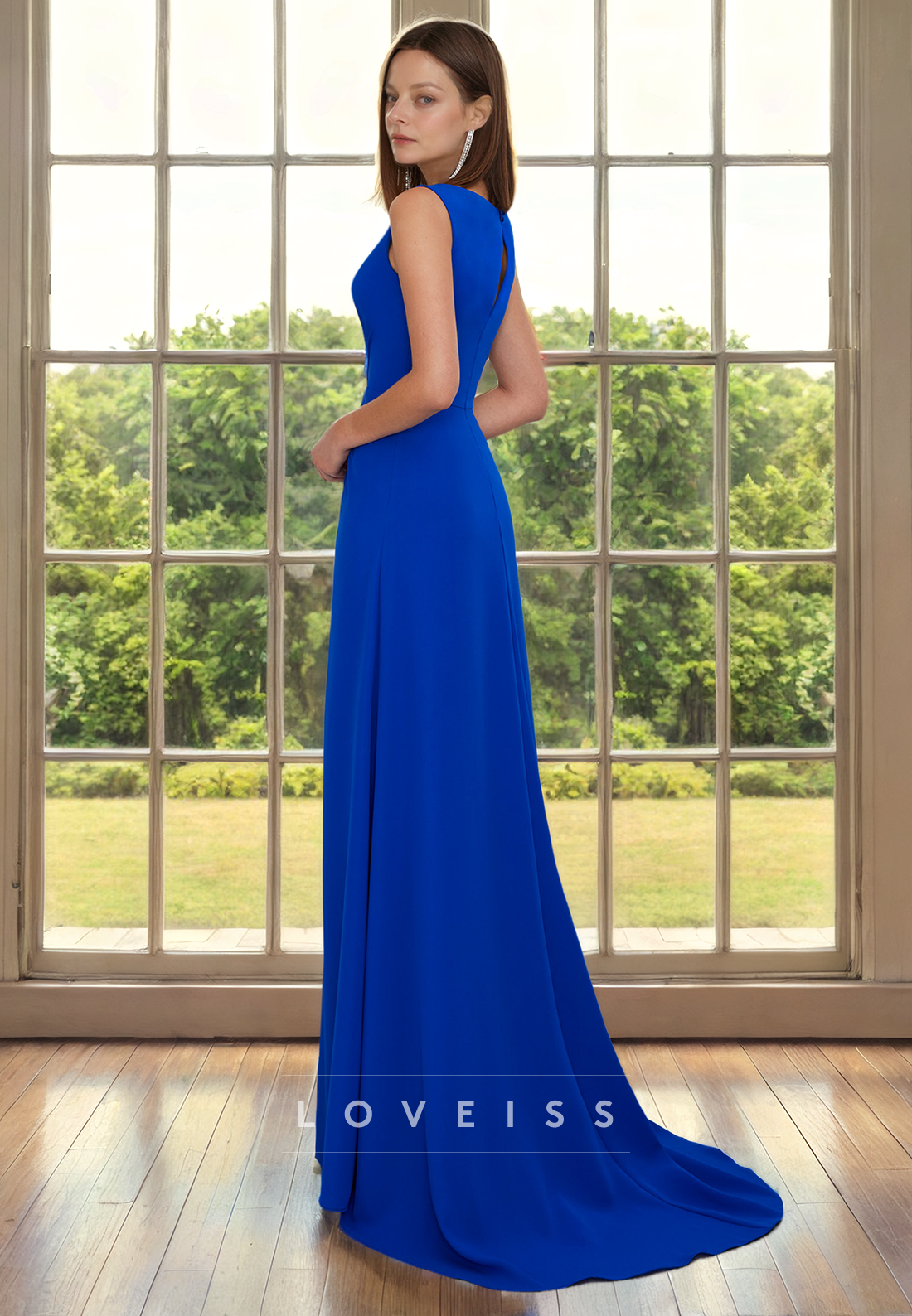 V-Neck Sleeveless Ruched High Slit Mother of Bride Dress