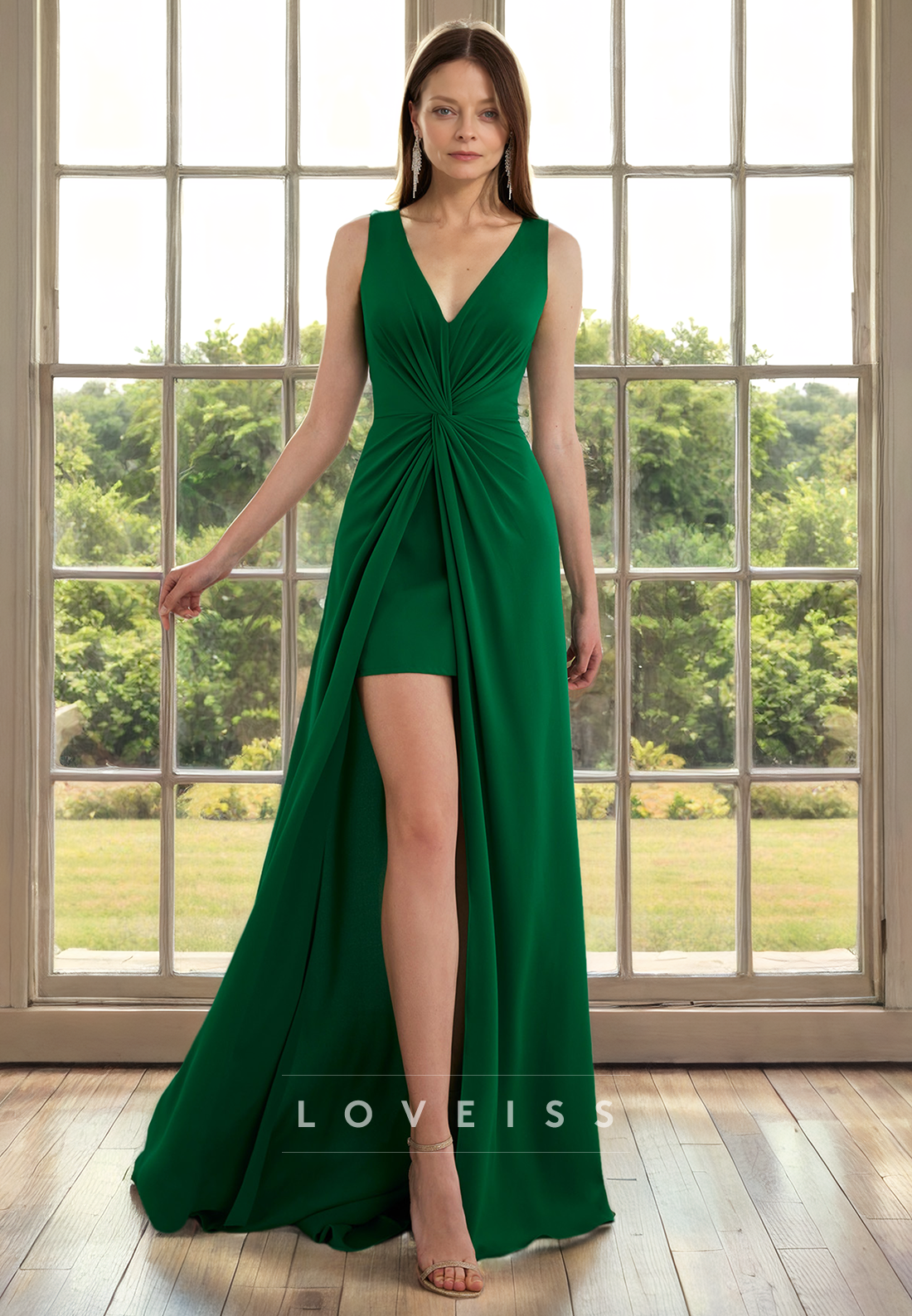 V-Neck Sleeveless Ruched High Slit Mother of Bride Dress