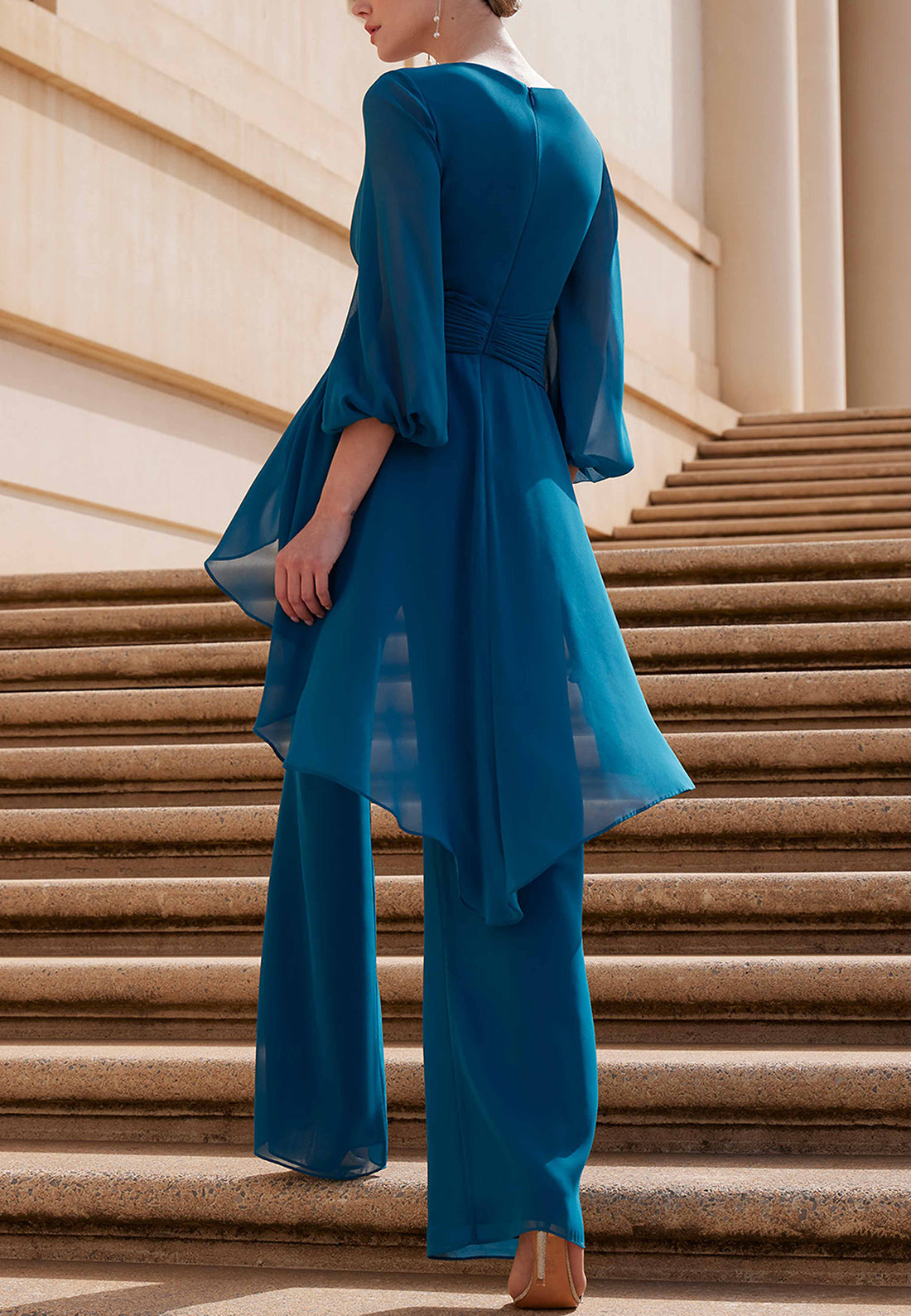 V-Neck Long Sleeves Chiffon Jumpsuit Mother of Bride Dress