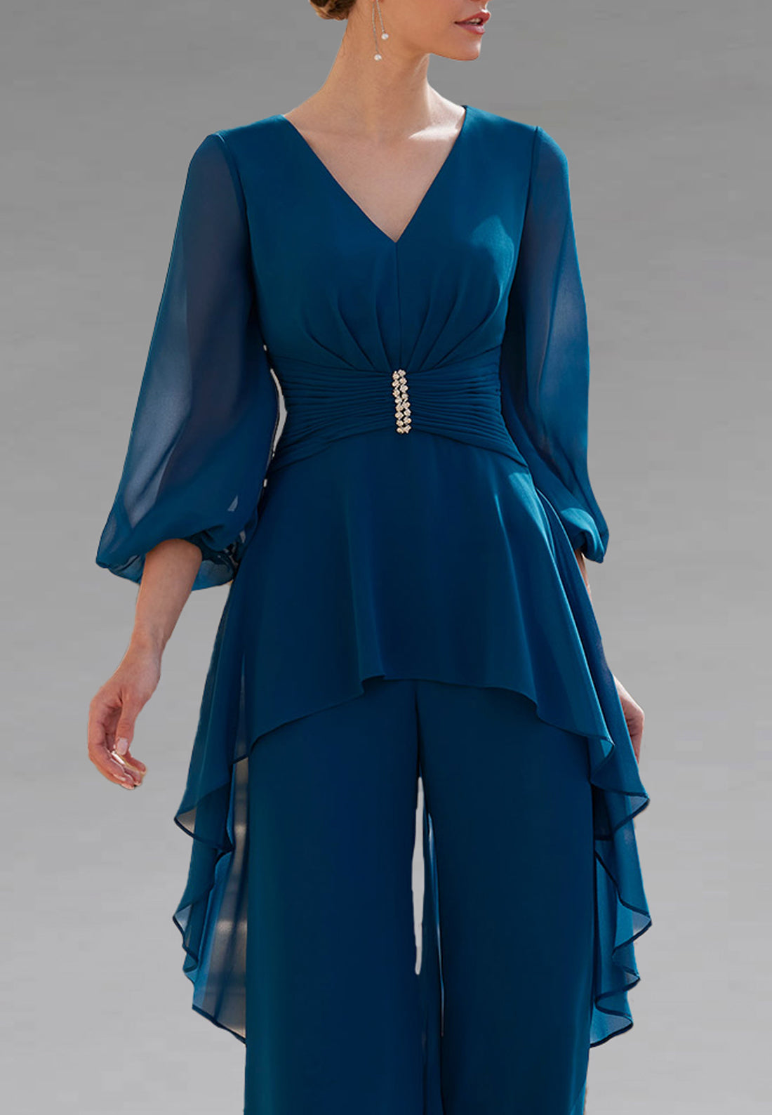 V-Neck Long Sleeves Chiffon Jumpsuit Mother of Bride Dress