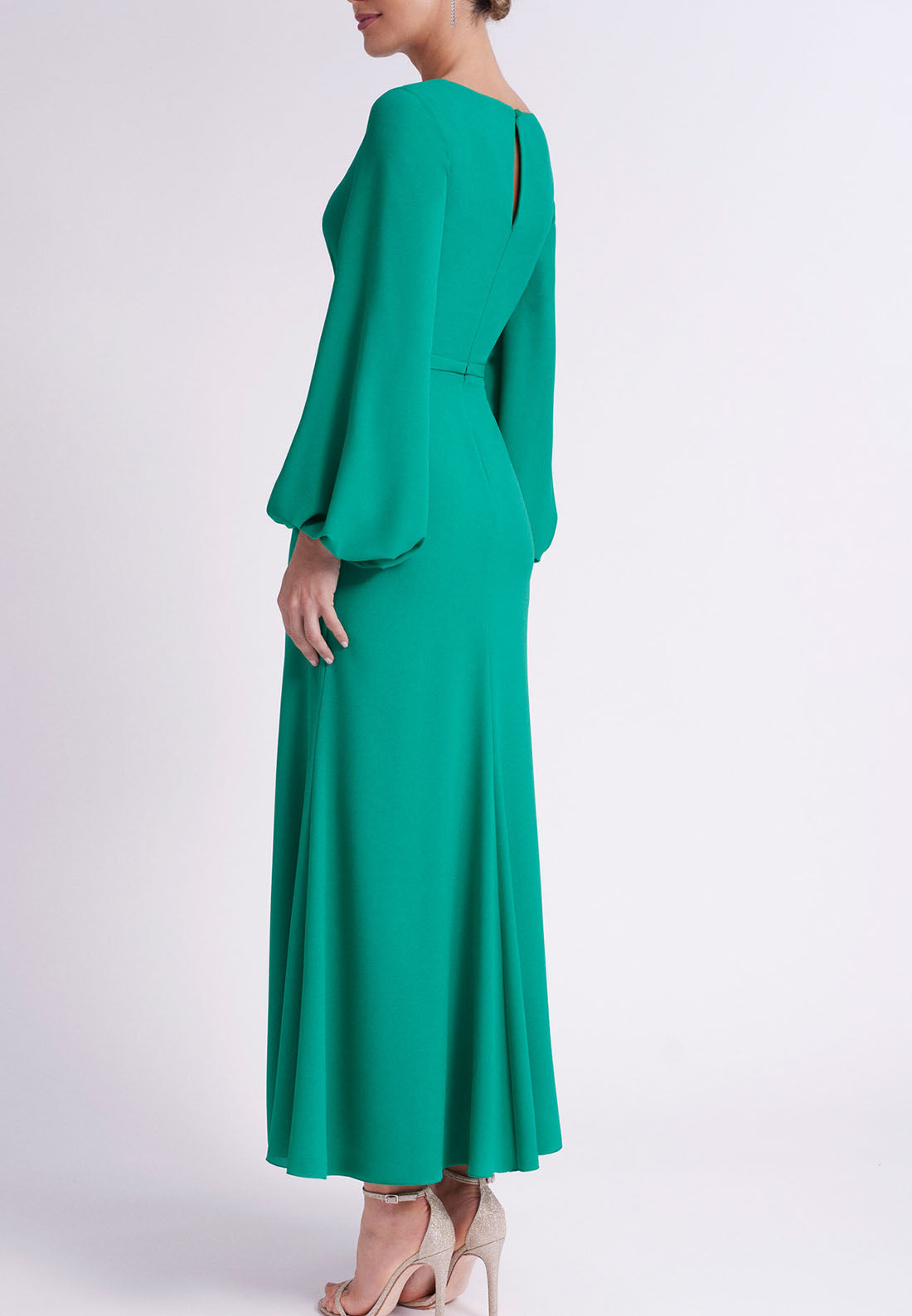 V-Neck Long Sleeves Sleek Satin Elegant Mother of the Bride Dress with Slit