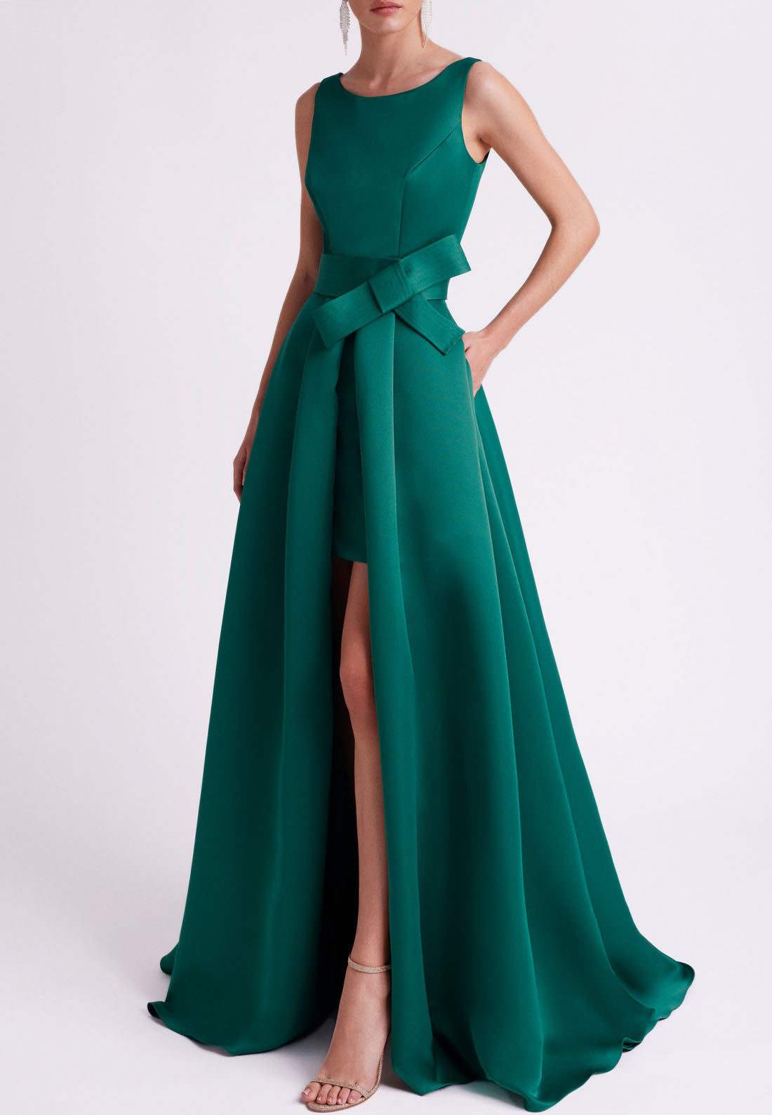 A-Line Round Open Back Sleek Satin Mother of the Bride Dress with Slit and Train