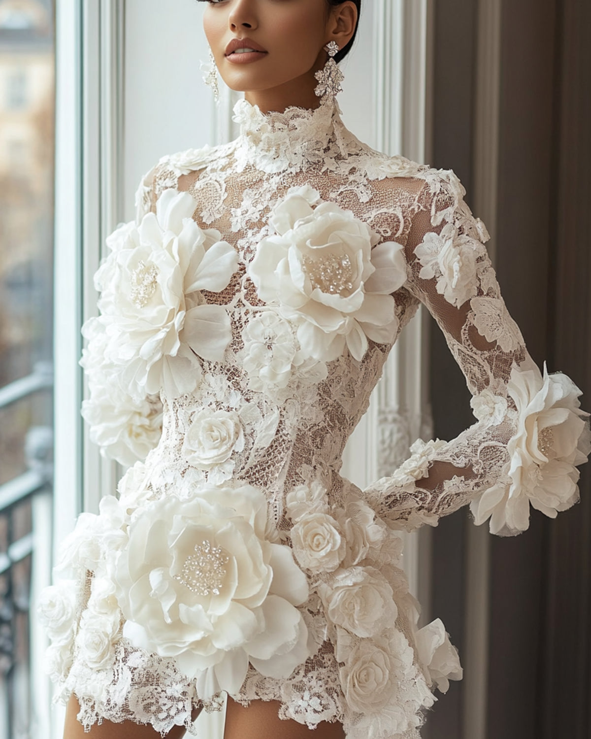 Women's Long Sleeve Lace 3D Flower Embroidery Dress