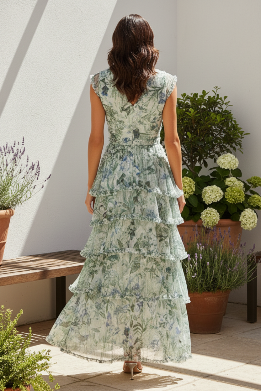 Wedding Guest Dress Floral V Neck Tiered Ruffle Maxi Dress
