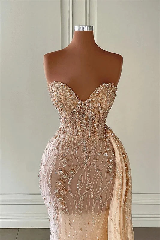 Champagne Sweetheart Sleeveless Mermaid Evening Dress With Ruffles Beadings