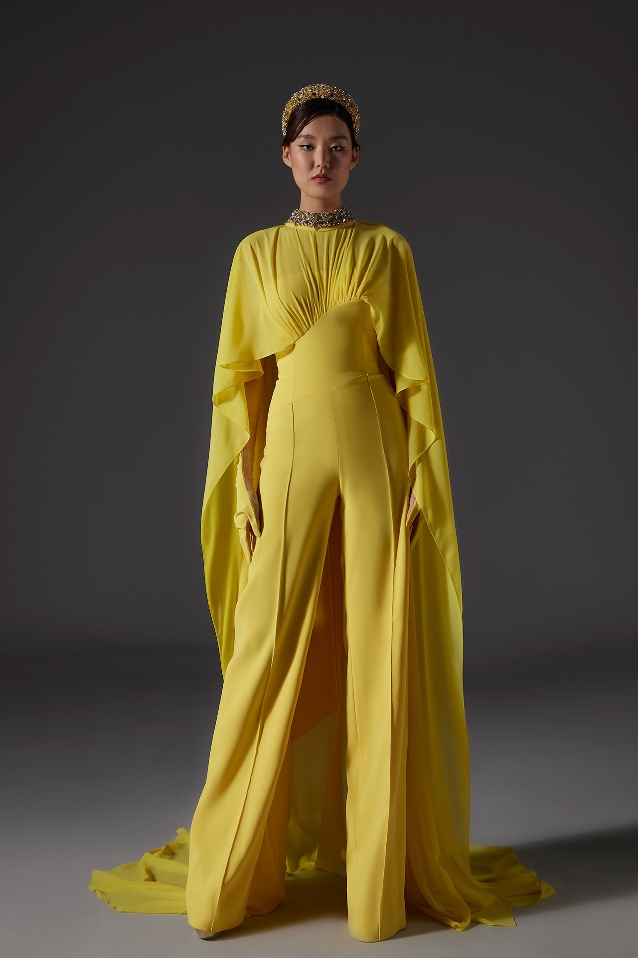 Crepe jumpsuit with chiffon cape