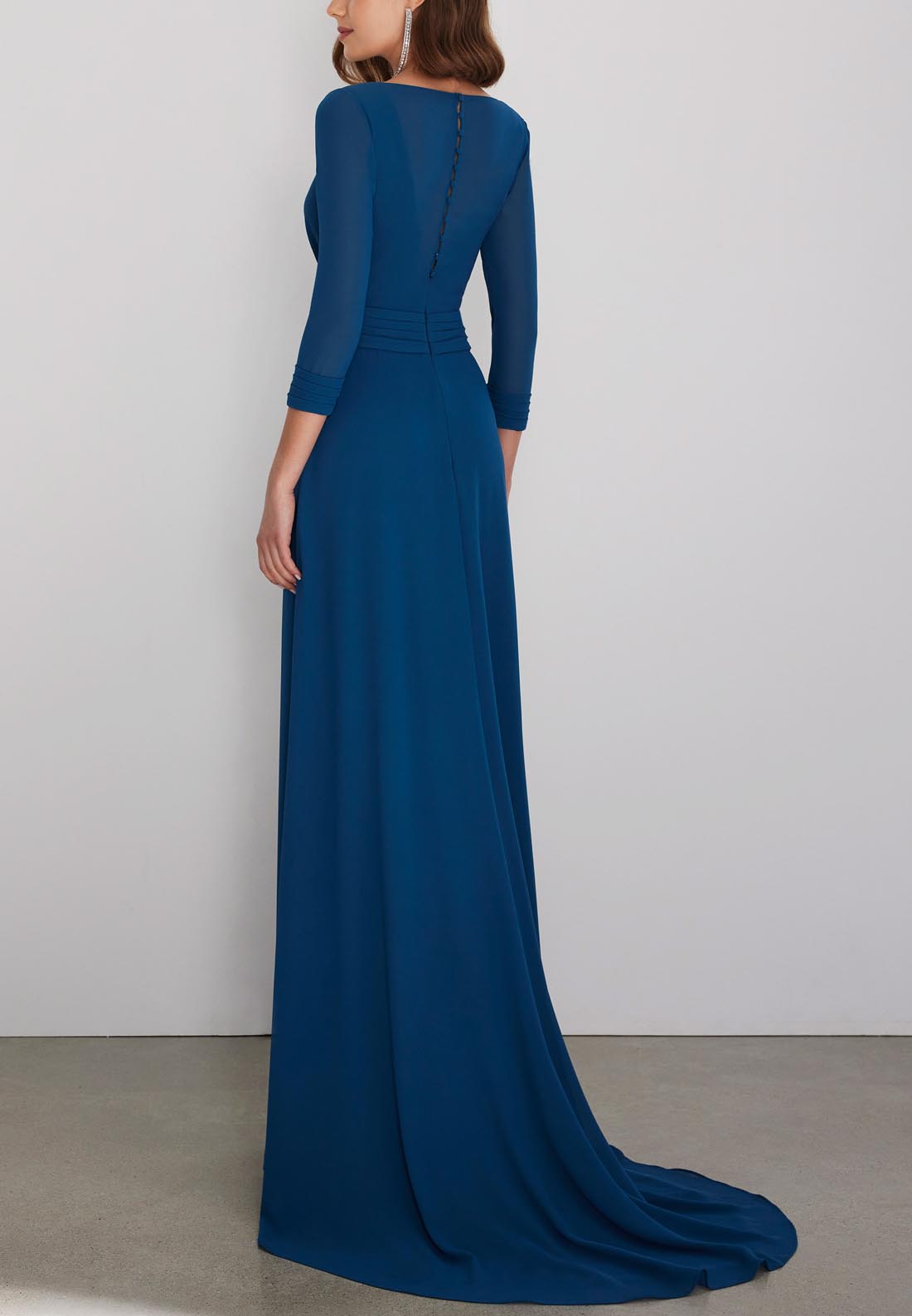 A-Line V-Neck Quarter Sleeves Sleek Satin Mother of the Bride Dress with Train