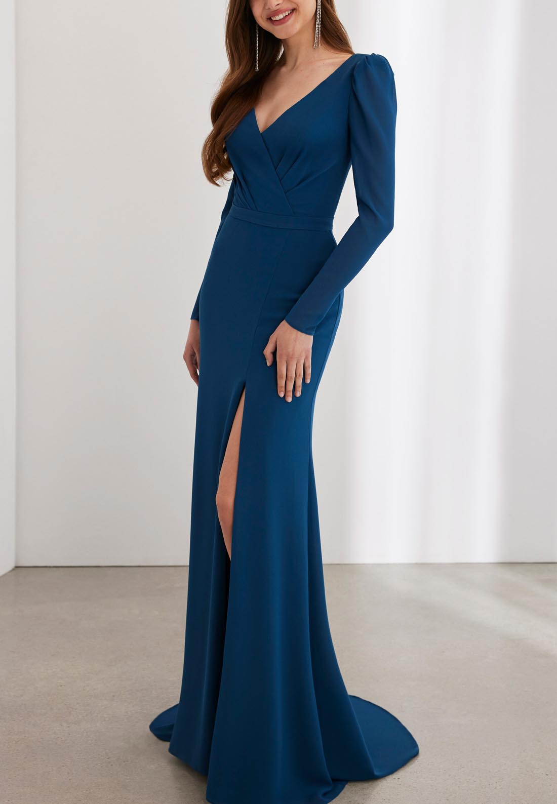 V-Neck Long Sleeves Sleek Satin Mother of the Bride Dress with Slit and Train