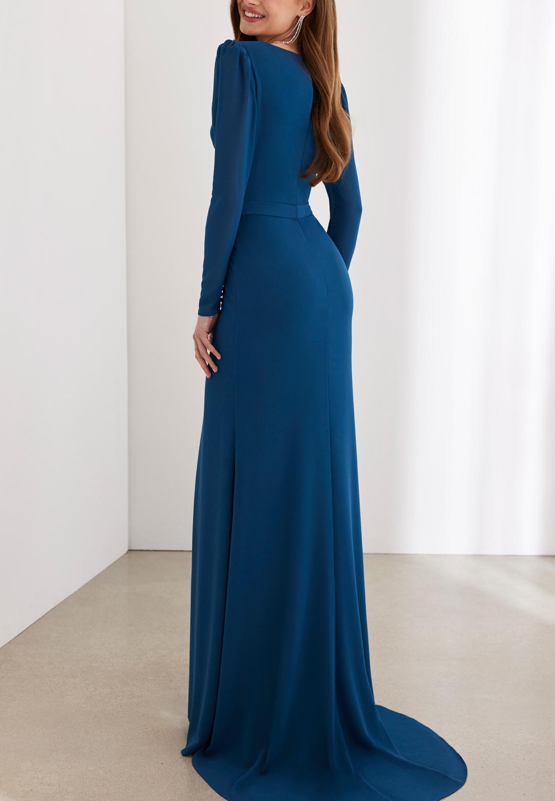 V-Neck Long Sleeves Sleek Satin Mother of the Bride Dress with Slit and Train