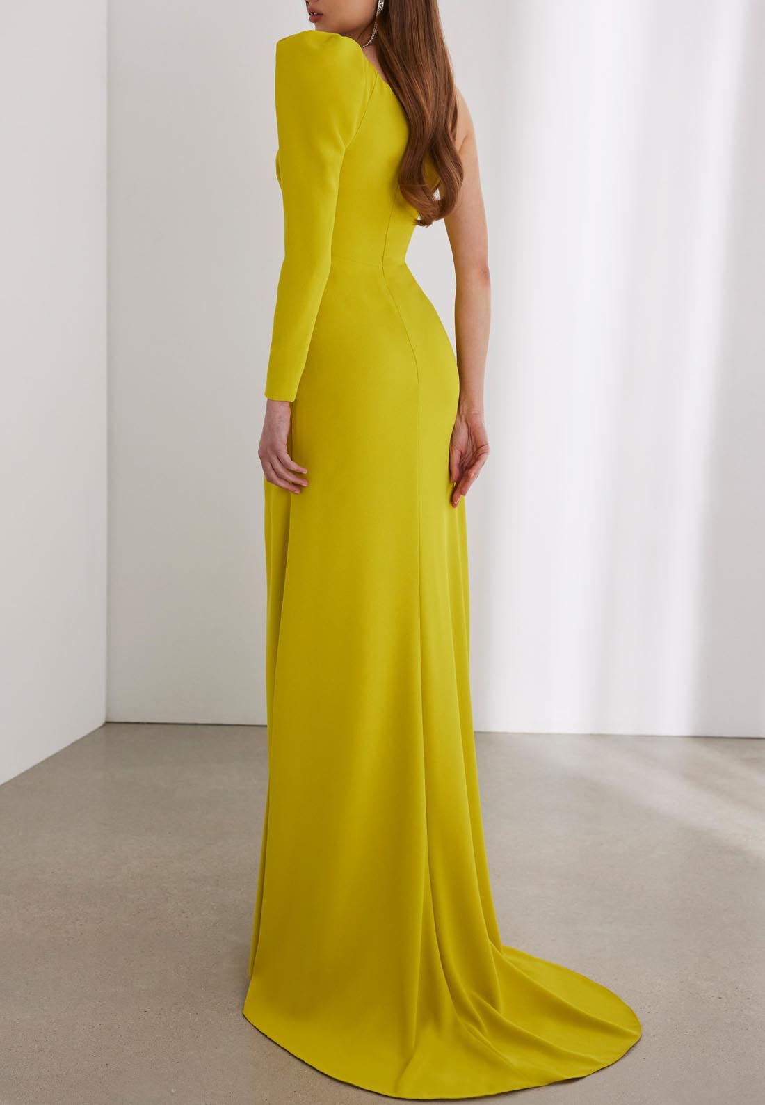 One Shoulder Long Sleeves Sleek Satin Mother of the Bride Dress with Slit and Train