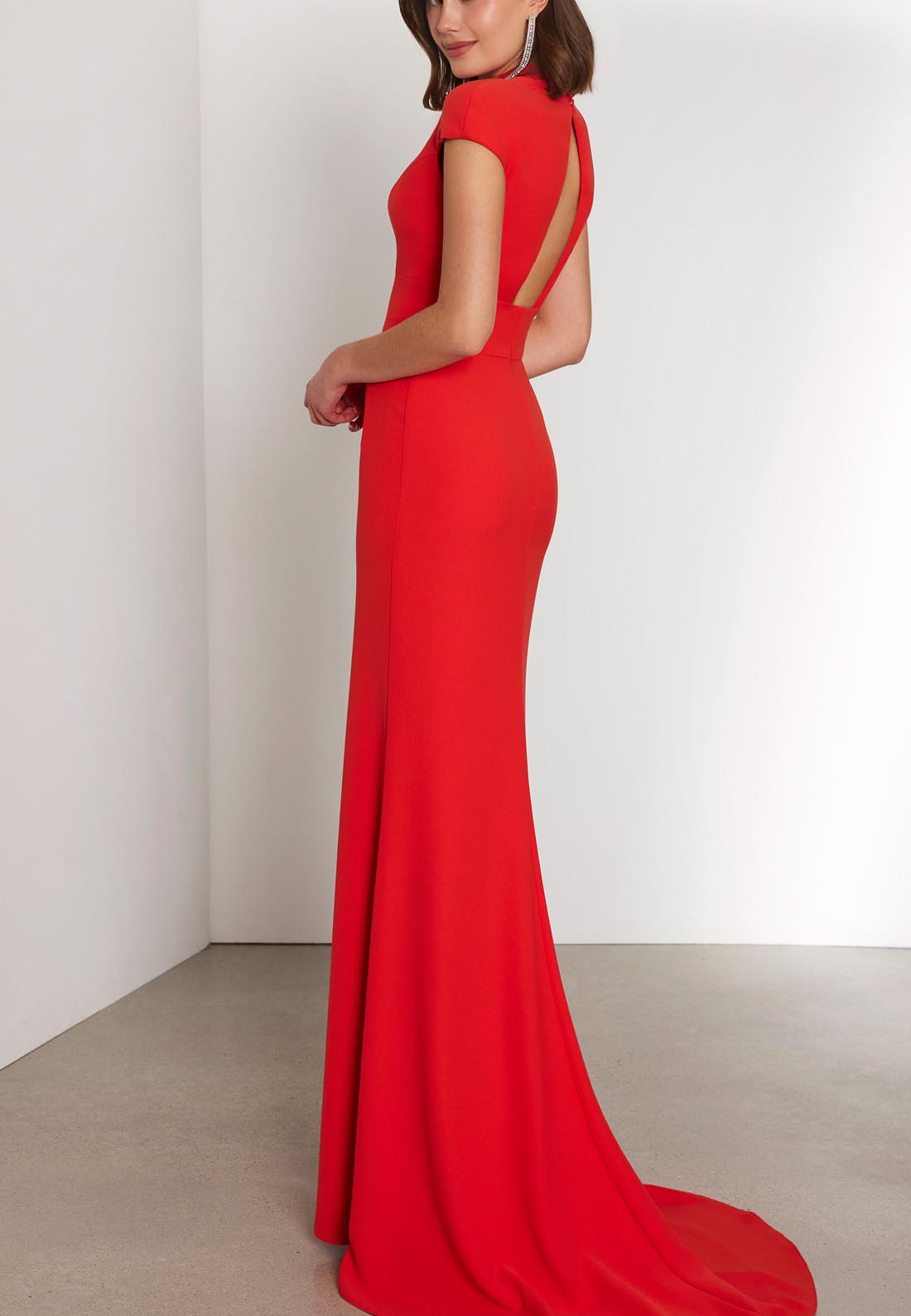 V-Neck Cap Sleeves Sleek Satin Elegant Mother of the Bride Dress with Slit and Train