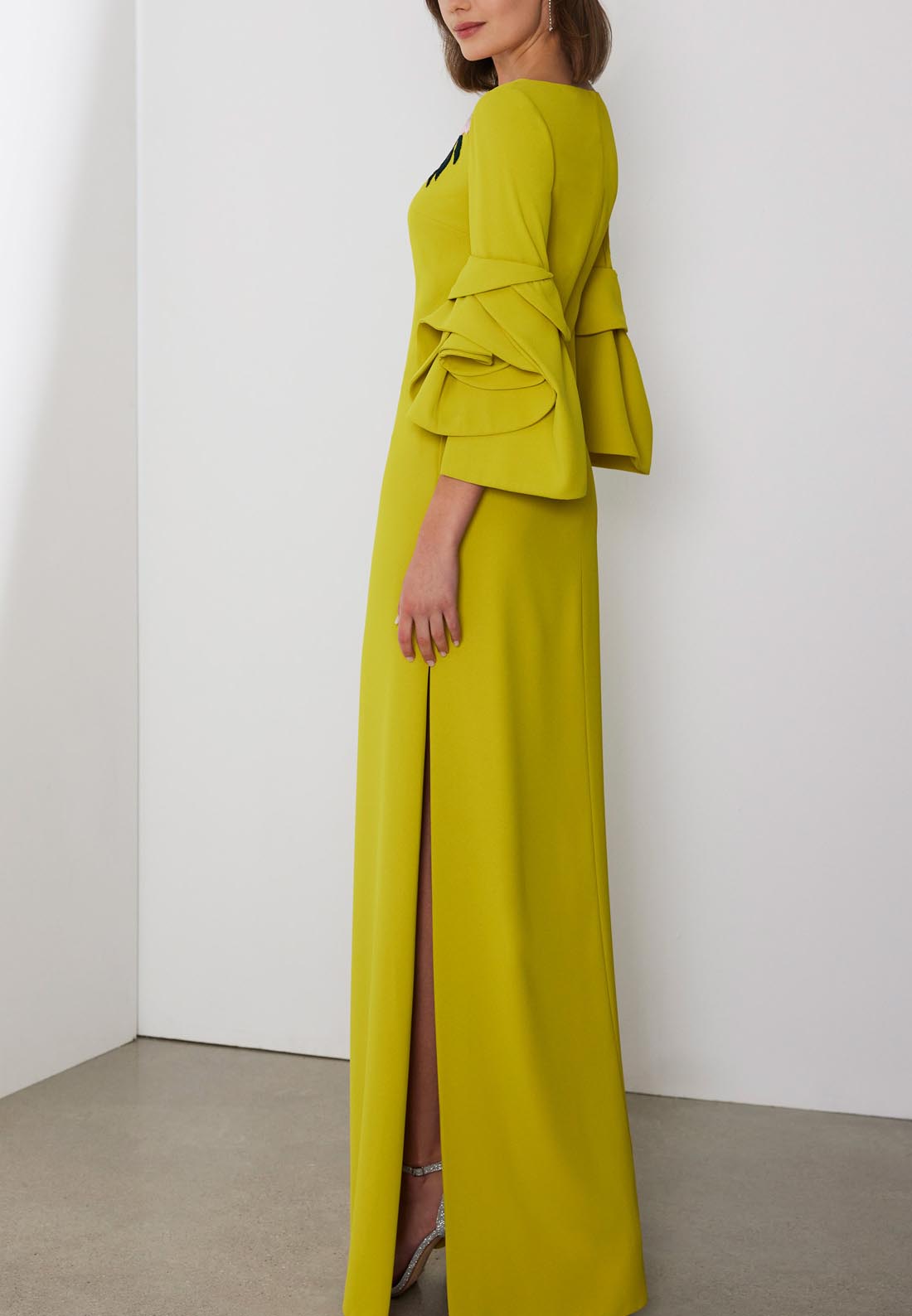 Round Long Sleeves Embroidery Sleek Satin Mother of the Bride Dress with Slit