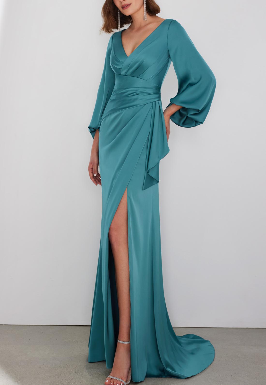 V-Neck Long Sleeves Ruched Side Slit Mother of Bride Dress