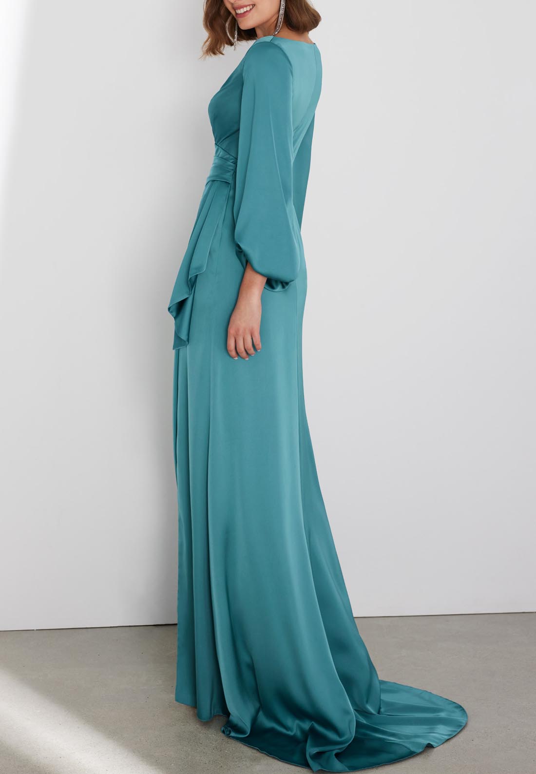 V-Neck Long Sleeves Ruched Side Slit Mother of Bride Dress