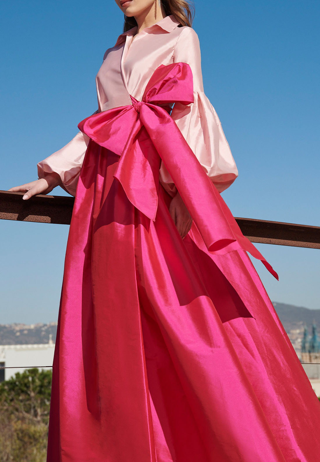 A-Line V-Neck Long Sleeves Sleek Satin Mother of the Bride Dress with Bow Detai