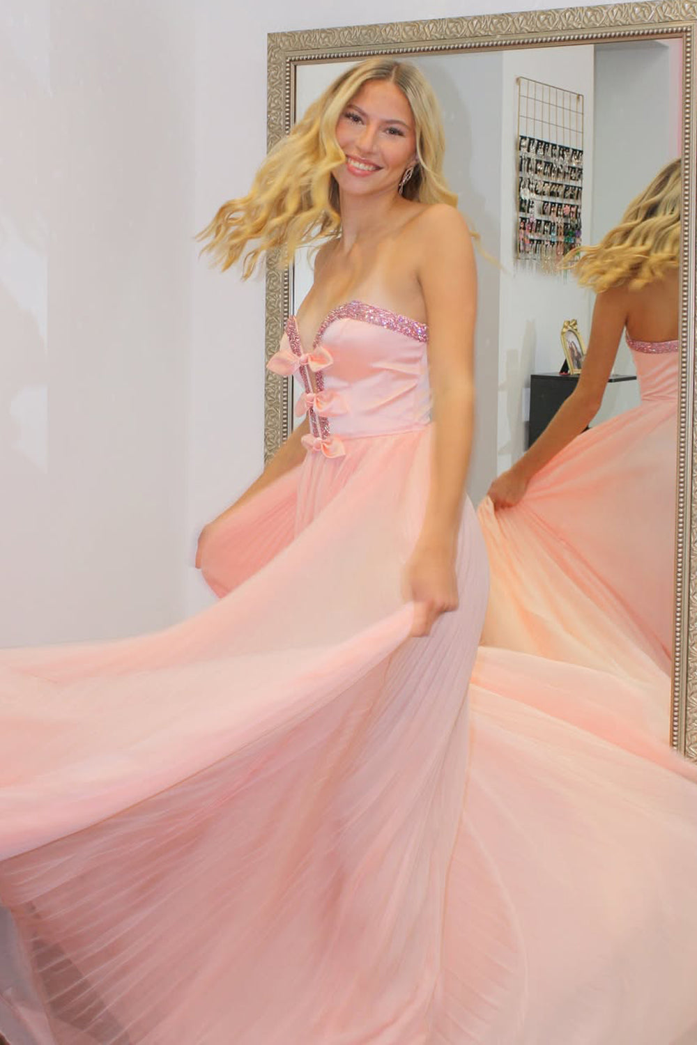 Unique A-Line Sweetheart Pink Pleate Chiffon Long Prom Dress with Beads