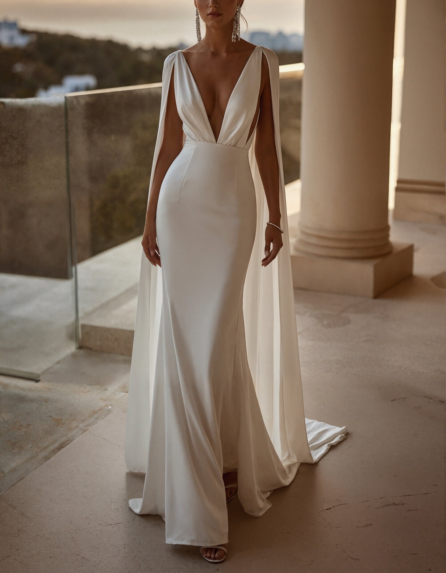 Ivory Satin V-Neck Mermaid Train Wedding Dress