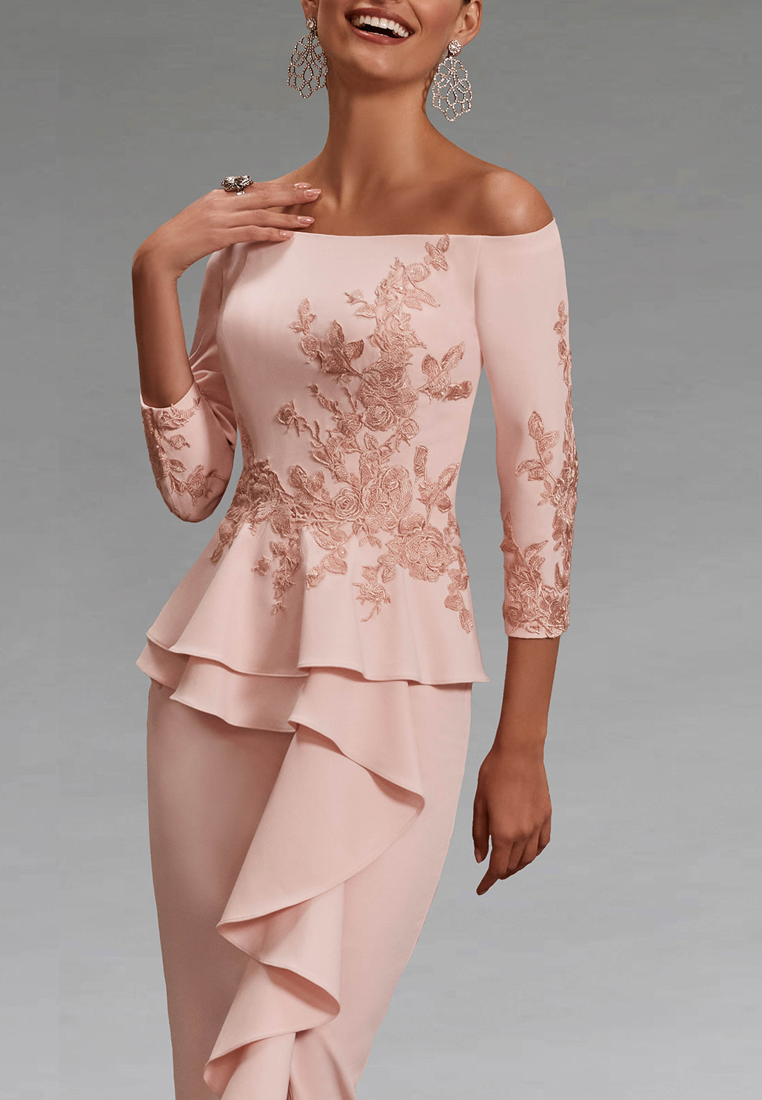 Off-Shoulder Long Sleeves Appliques Ruffled Sheath Mother of Bride Dress