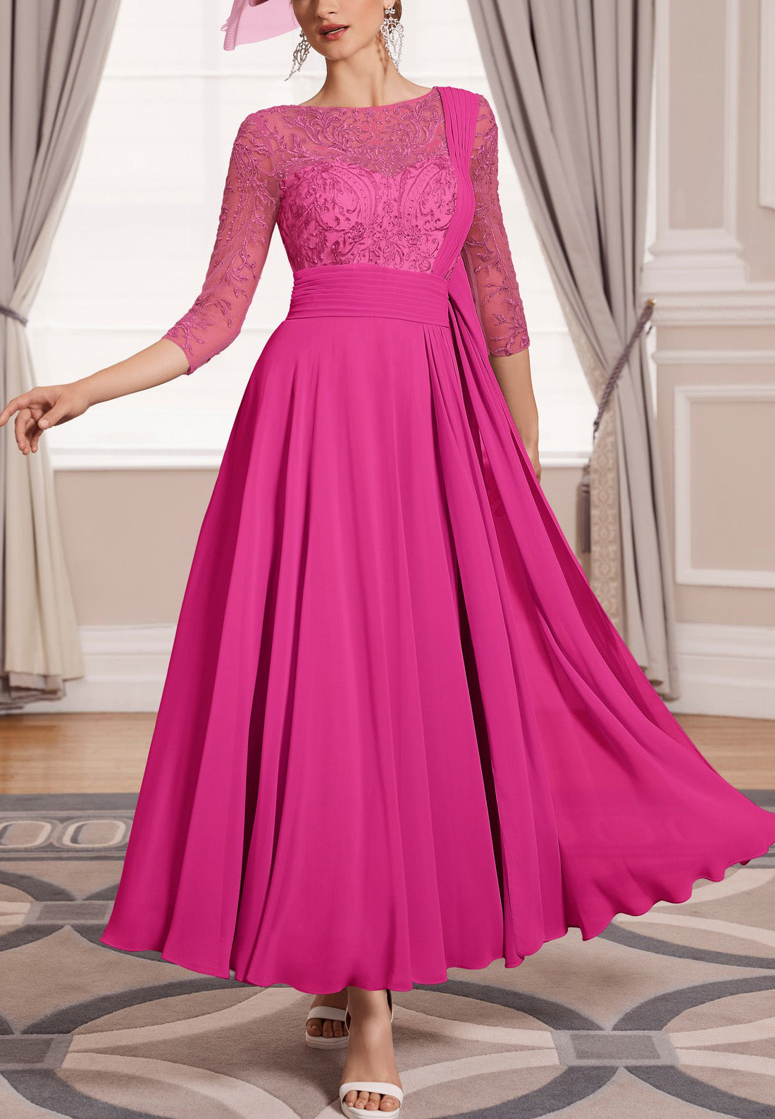 Scoop 34 Length Sleeves Appliques Chiffon Pleated A-Line Motherof Bride Dress Cocktail Dress