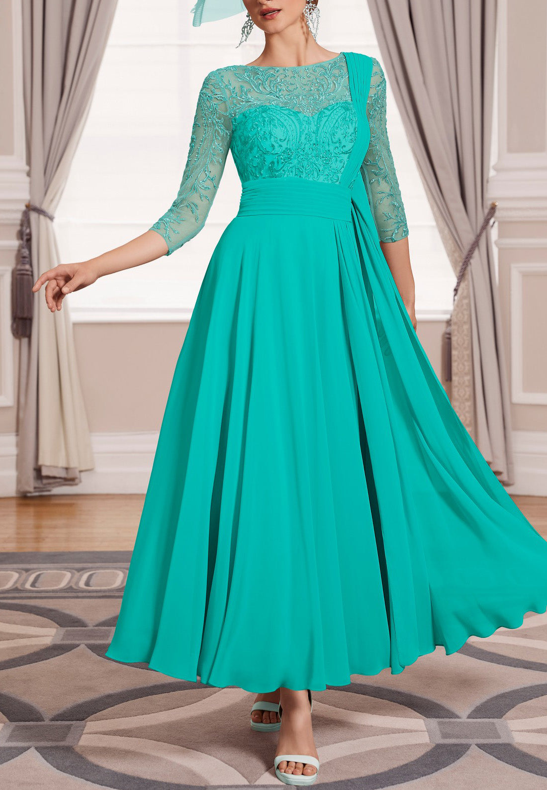 Scoop 34 Length Sleeves Appliques Chiffon Pleated A-Line Motherof Bride Dress Cocktail Dress