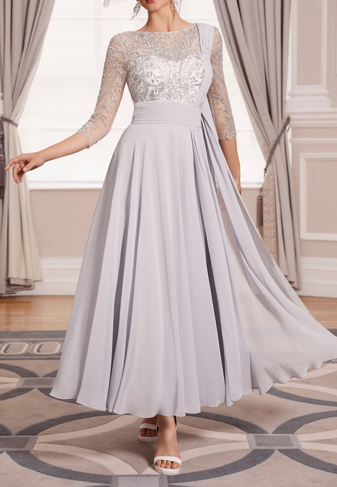 Scoop 34 Length Sleeves Appliques Chiffon Pleated A-Line Motherof Bride Dress Cocktail Dress