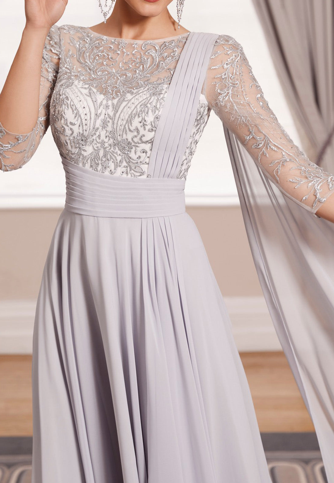 Scoop 34 Length Sleeves Appliques Chiffon Pleated A-Line Motherof Bride Dress Cocktail Dress