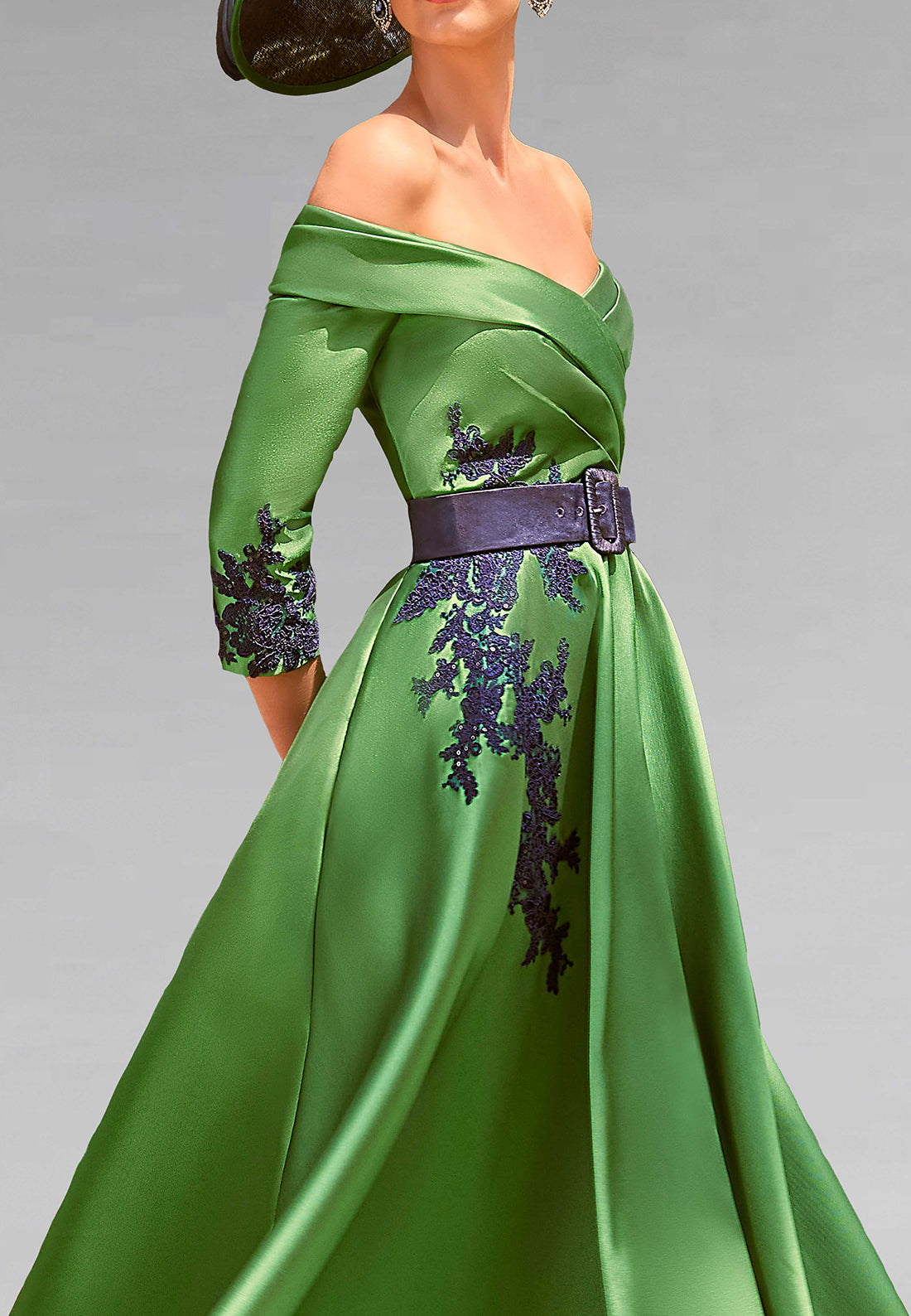 Off-Shoulder Long Sleeves Pleated Satin A-Line Mother of Bride Dress