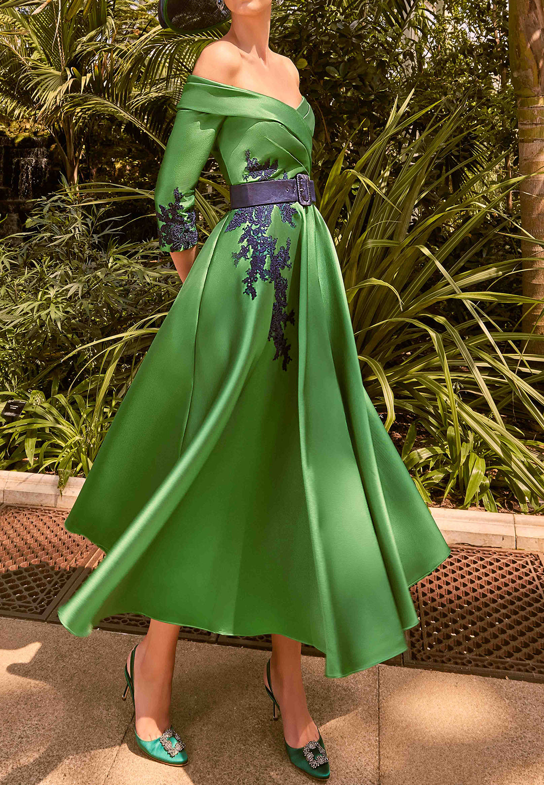 Off-Shoulder Long Sleeves Pleated Satin A-Line Mother of Bride Dress