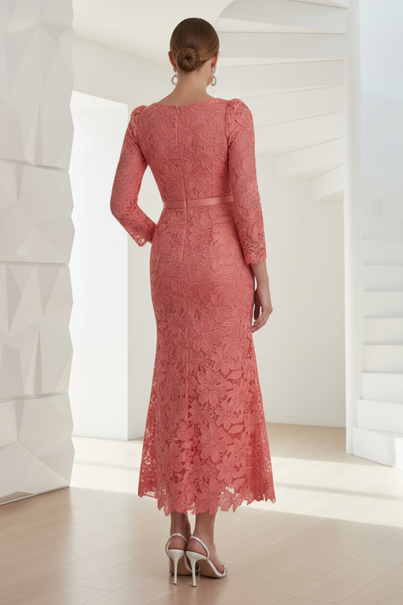 Square Long Sleeves Lace Appliques Mermaid Wedding Guest Dress