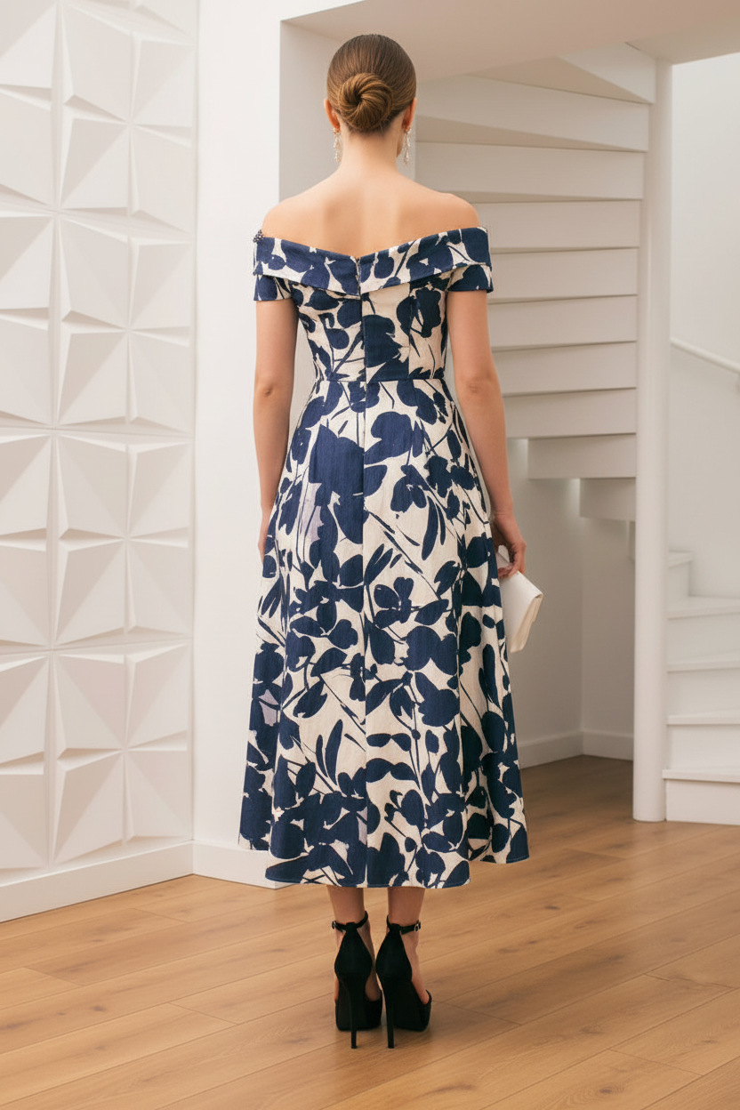 V-Neck Floral Printed A-Line Mother of Bride Dress