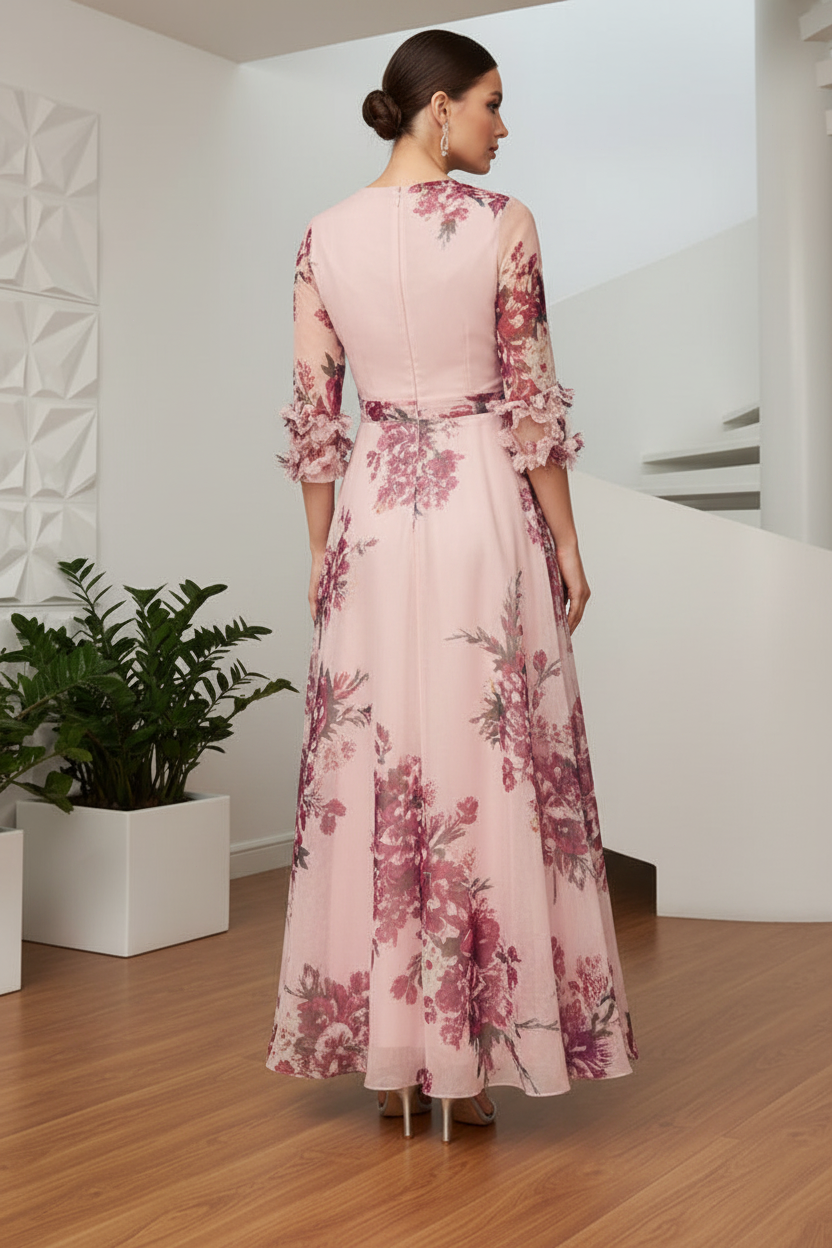 V-Neck Long Sleeves Floral Printed Summer Mother of Bride Dress