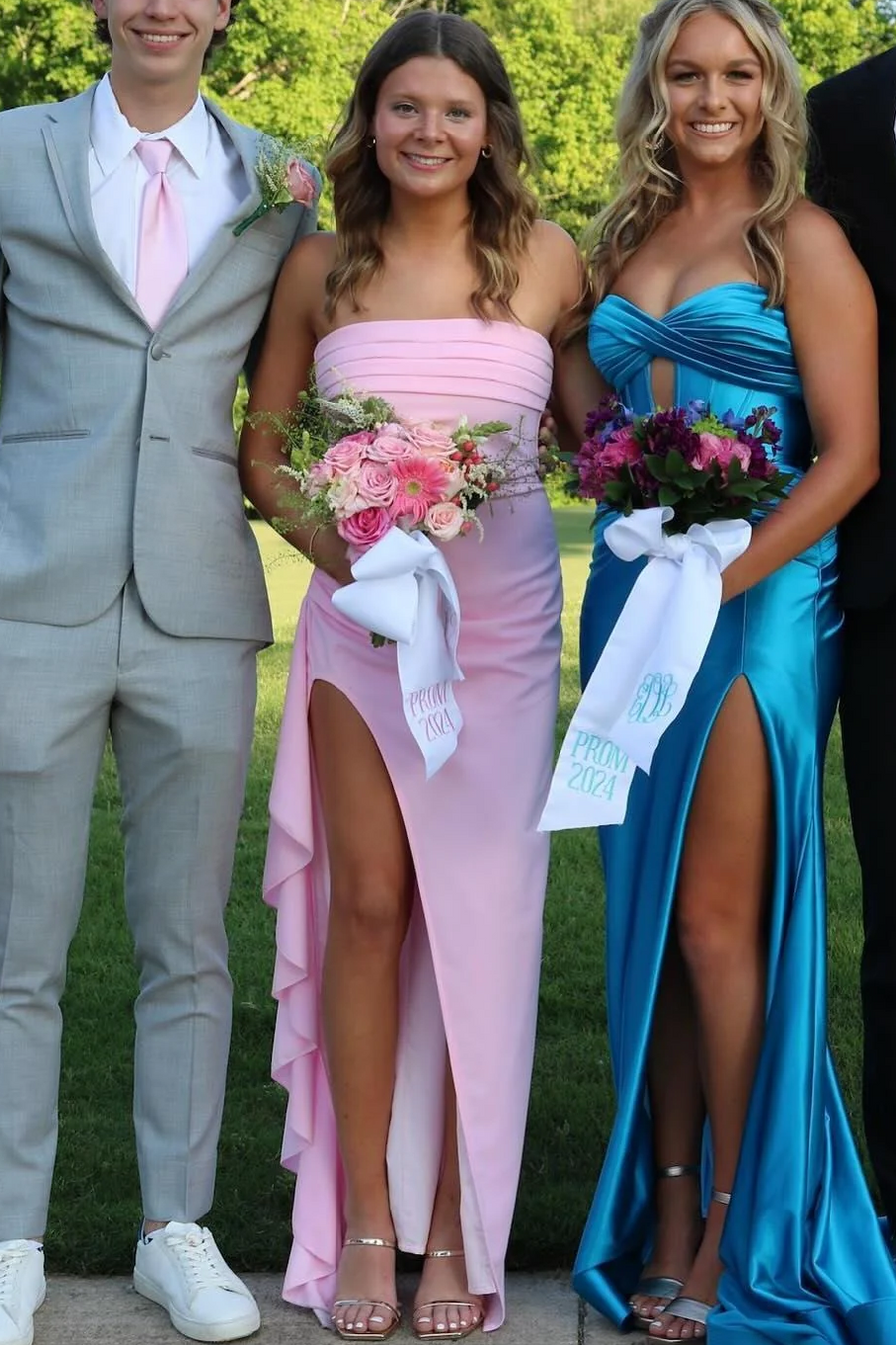 Simple Strapless Pleats Red Satin High Slit Sleeveless Long Prom Dress