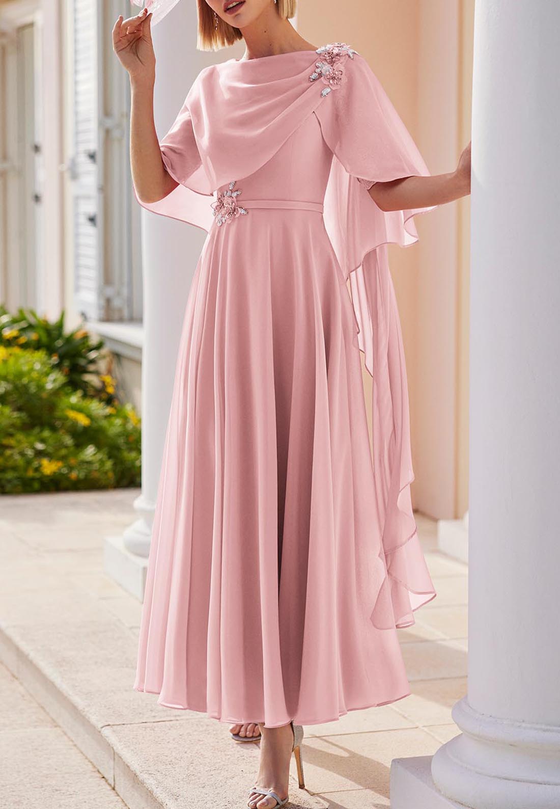 Scoop Short Sleeves Chiffon Appliques A-Line Mothher of Bride Dress