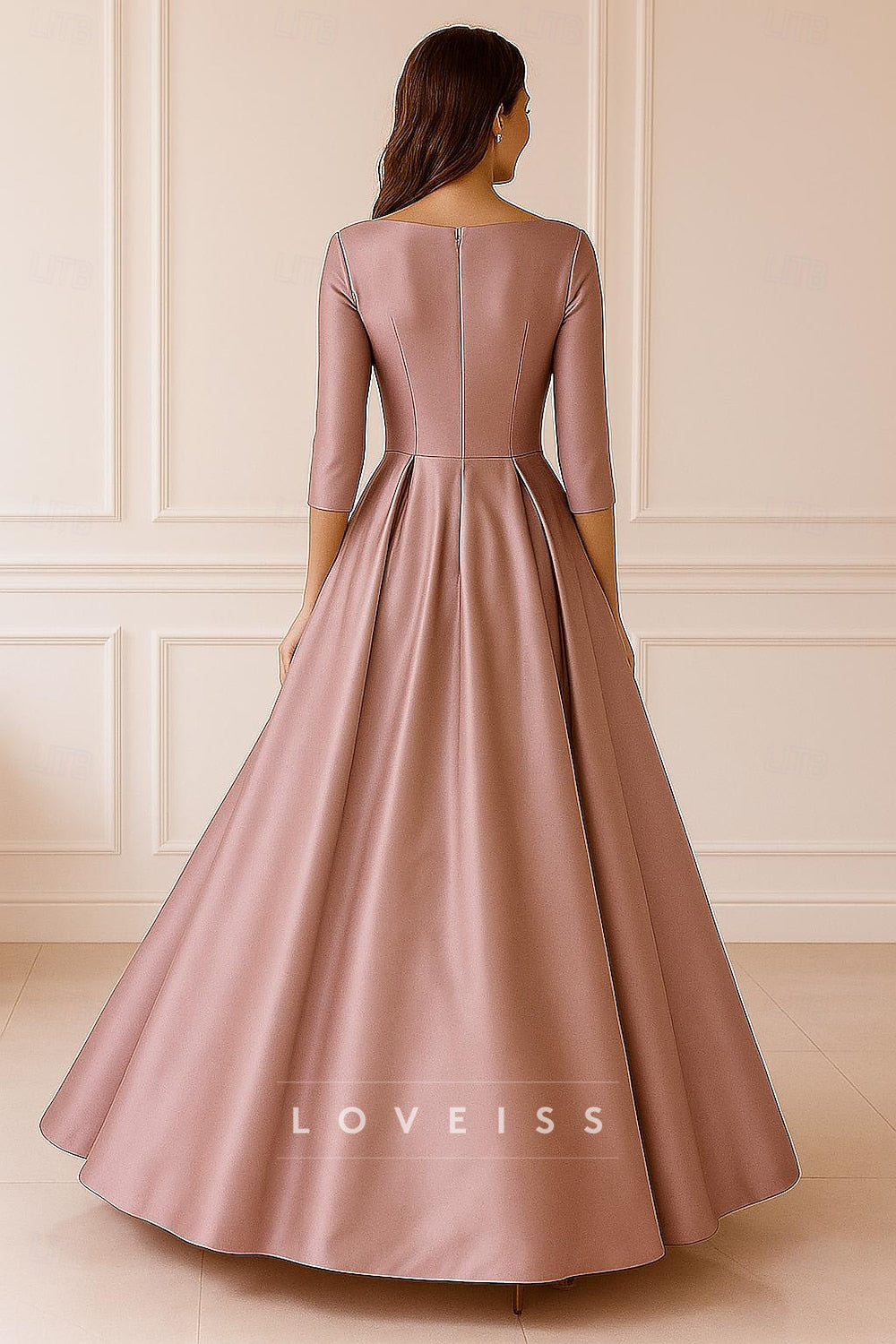 A-Line 3_4 Length Sleeve V Neck Wedding Forma Dress