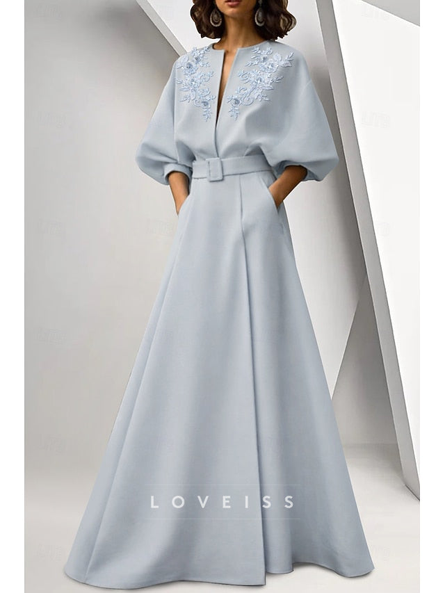 A-Line Floor Length Evening Gown Ball Gown Formal Dress Elegant Long Sleeve