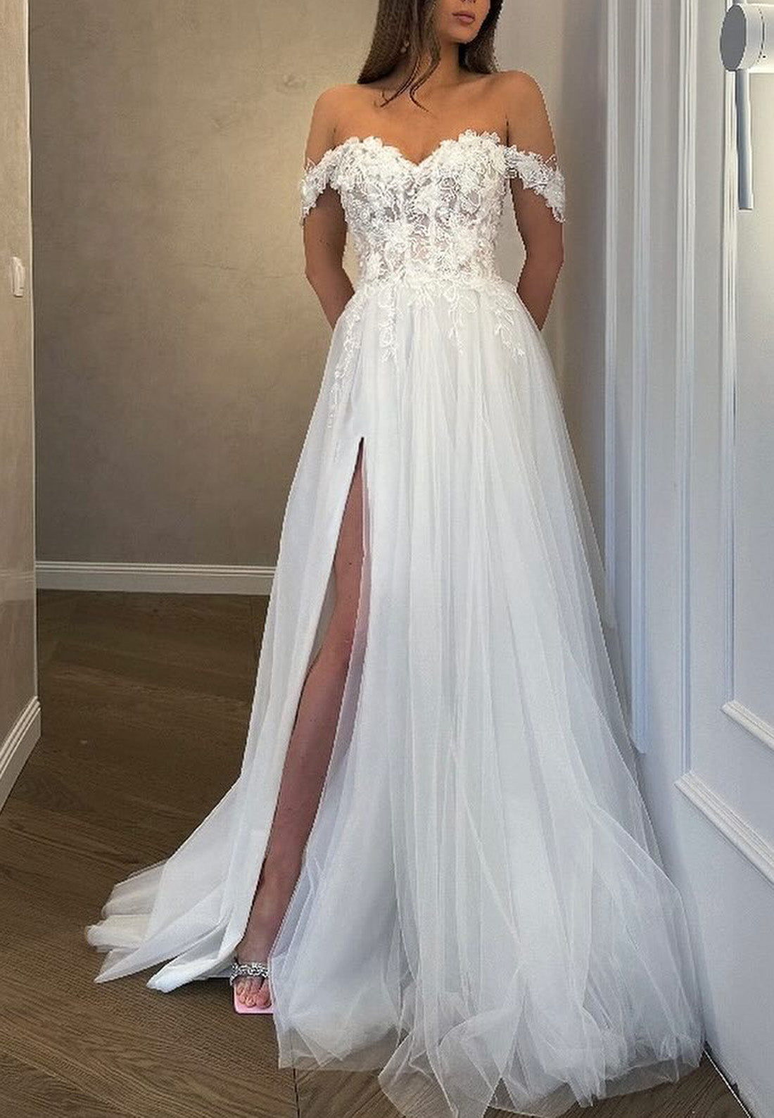 A-Line Off Shoulder Applique Tulle Beach Boho Wedding Dress with High Side Slit