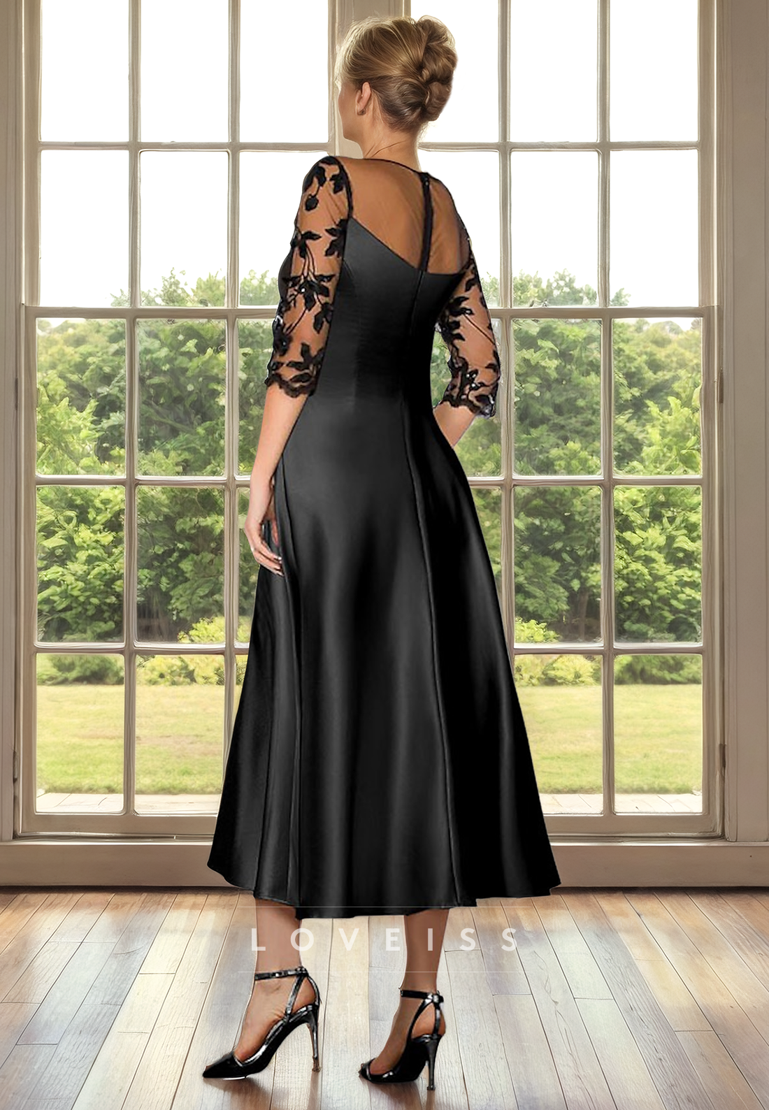 A-Line Round Quarter Sleeves Lace Appliques Sleek Satin Mother of the Bride Dress