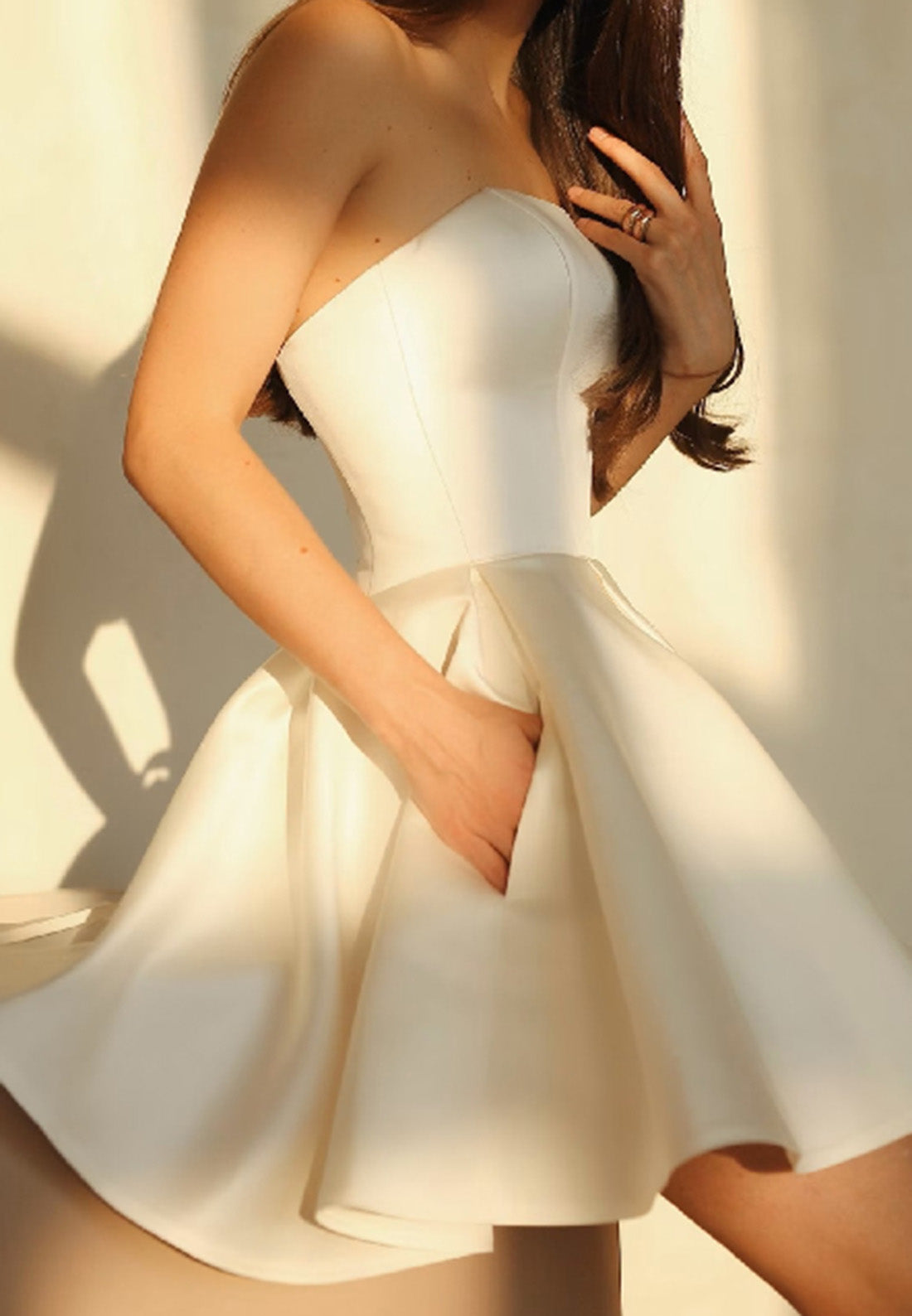 A-Line Strapless Sleeveless Lace Up Satin Mini Wdding Dress