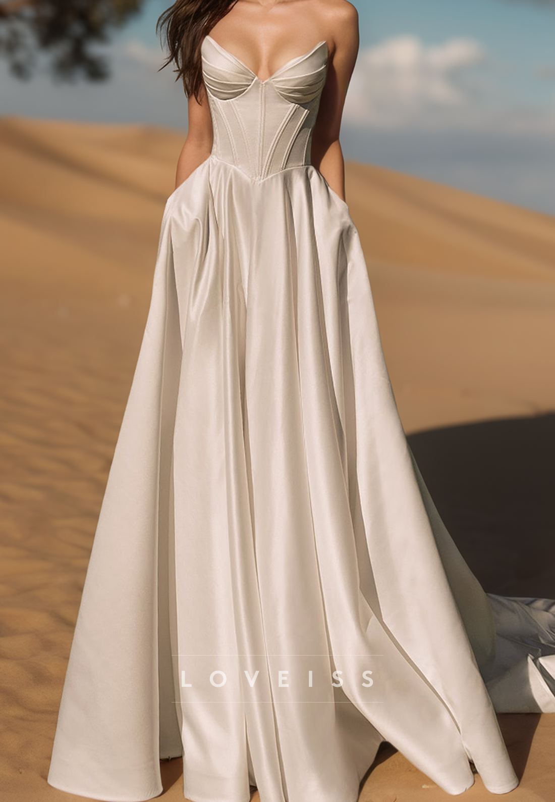 A-Line Strapless Sleeveless Satin Pleated Wedding Dress